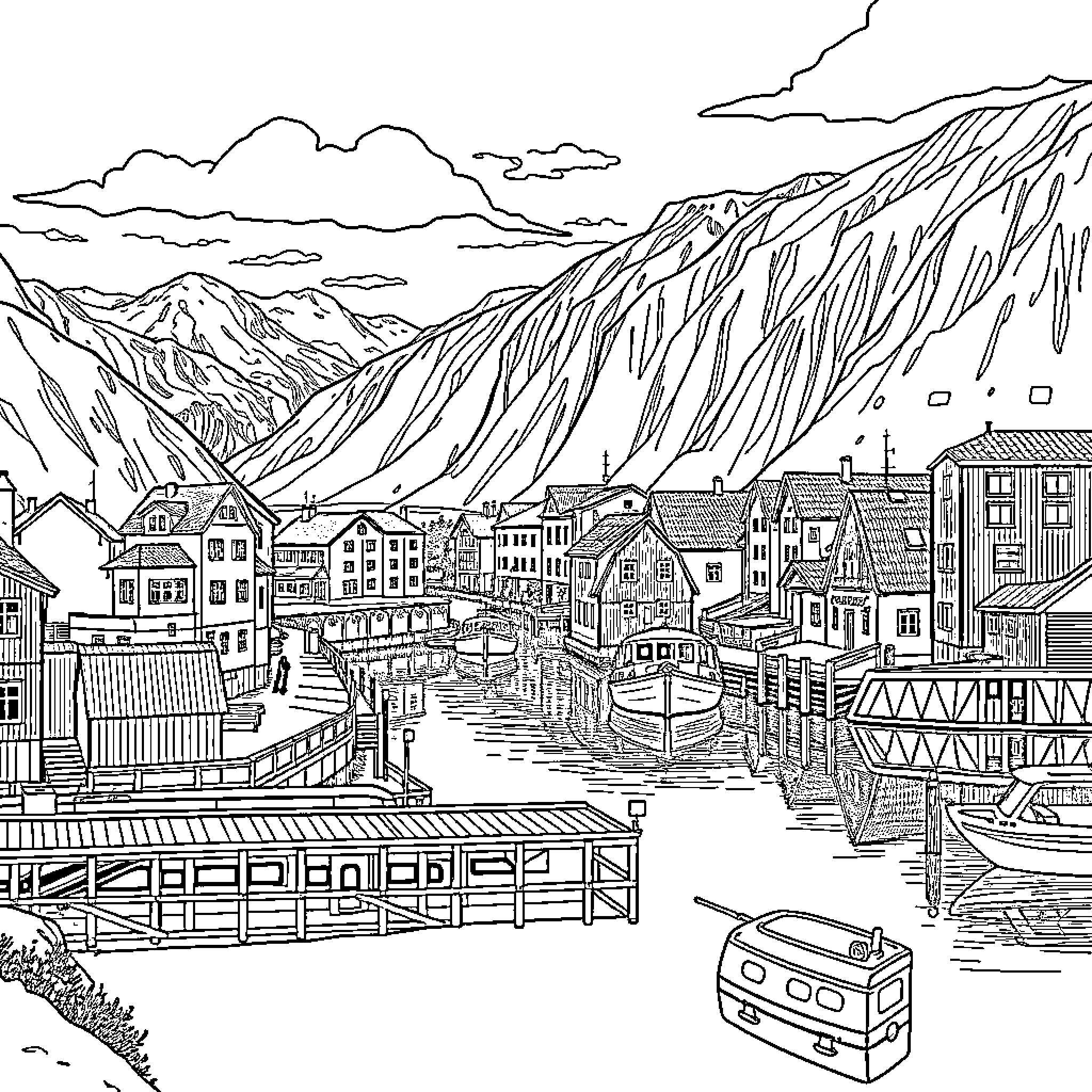 Molde - Scenic Cityscape with Mountainous Landscape Coloring Page (free black-and-white line drawing printable PDF for all, from beginners to advanced learners, including children, teens, adults, and seniors)