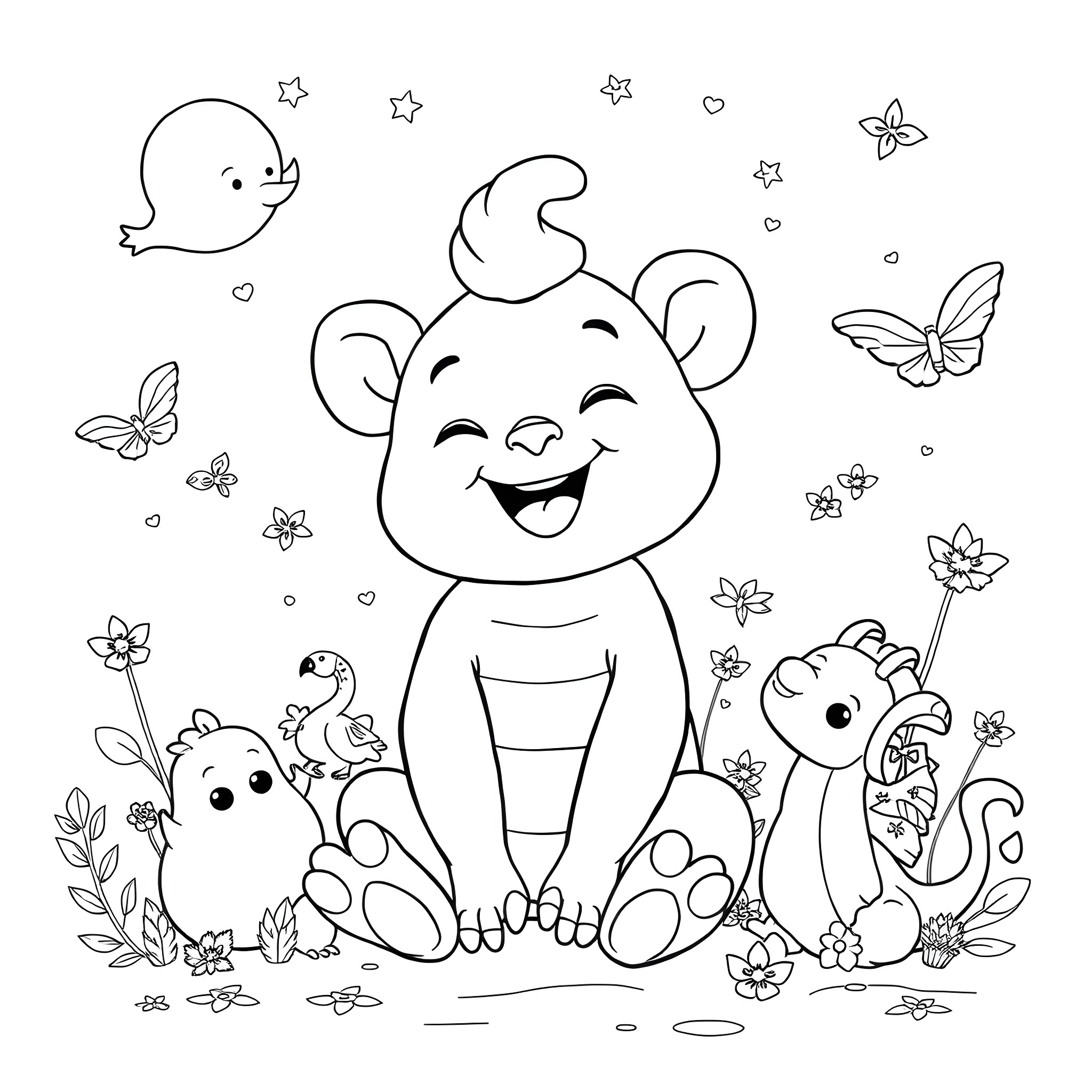 Labubu's Joyful Friends in the Enchanted Garden Coloring Page (free black-and-white line drawing printable PDF for all, from beginners to advanced learners, including children, teens, adults, and seniors)