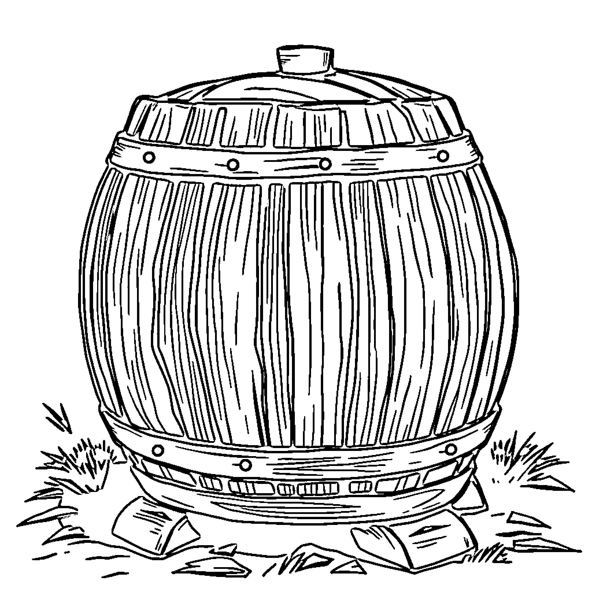 Barrel sitting on the ground Coloring Page (free black-and-white line drawing printable PDF for all, from beginners to advanced learners, including children, teens, adults, and seniors)