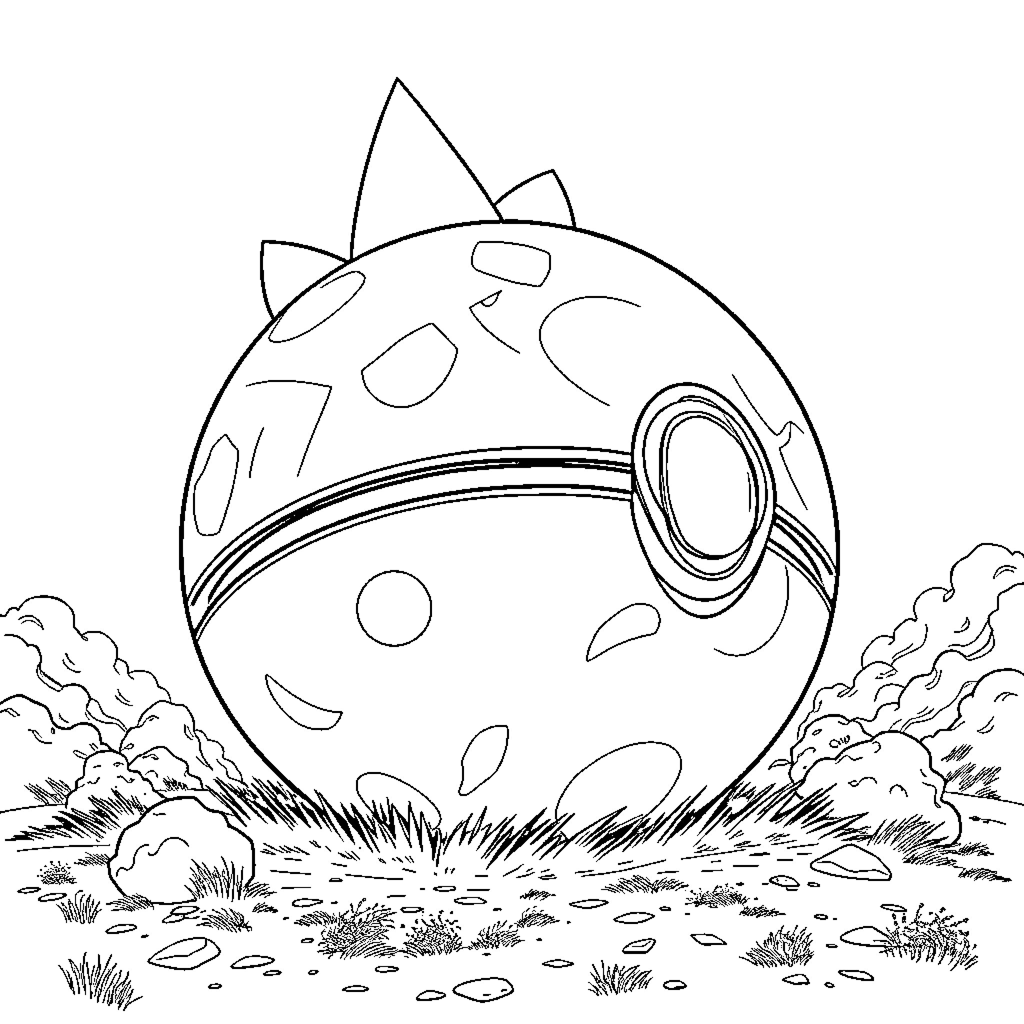 Poke Ball rolling in grassy field Coloring Page (free black-and-white line drawing printable PDF for all, from beginners to advanced learners, including children, teens, adults, and seniors)