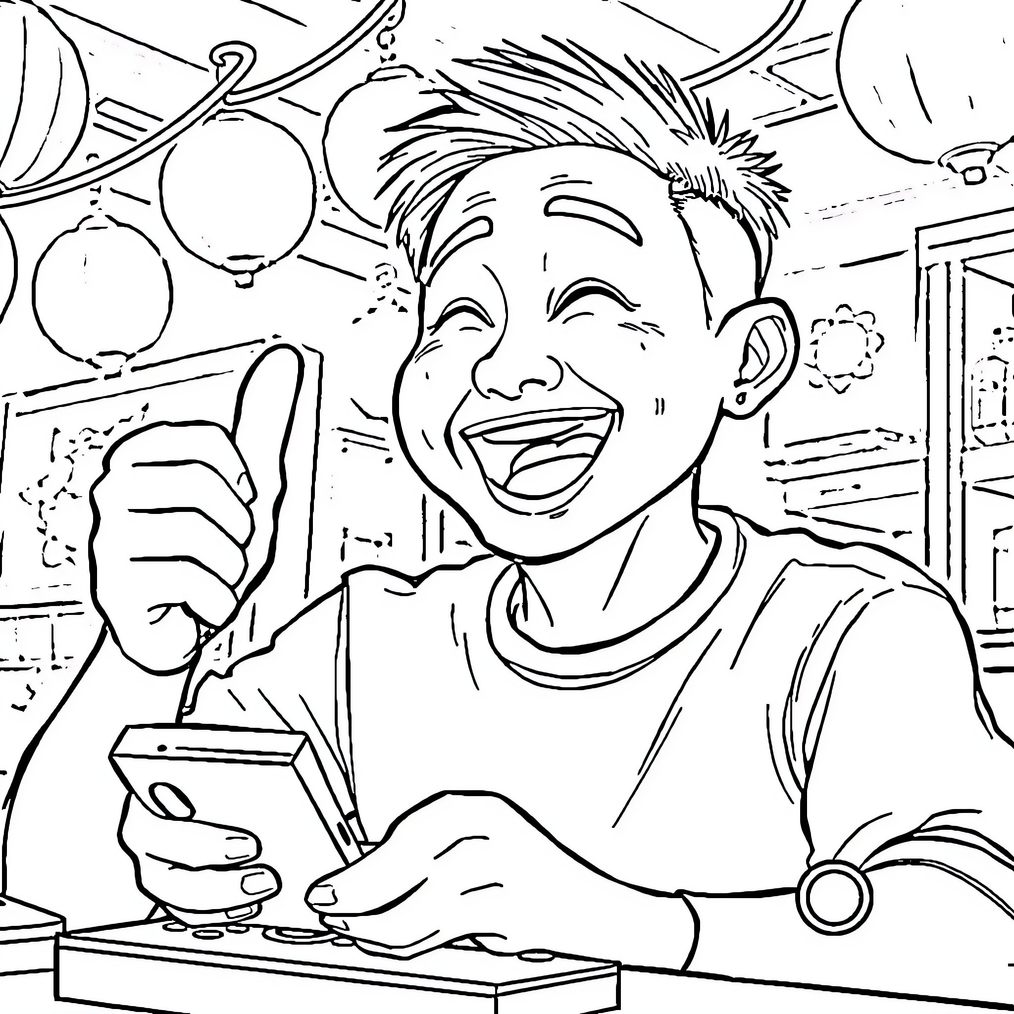 Man Joyfully Assembling Holiday Decorations Coloring Page (free black-and-white line drawing printable PDF for all, from beginners to advanced learners, including children, teens, adults, and seniors)