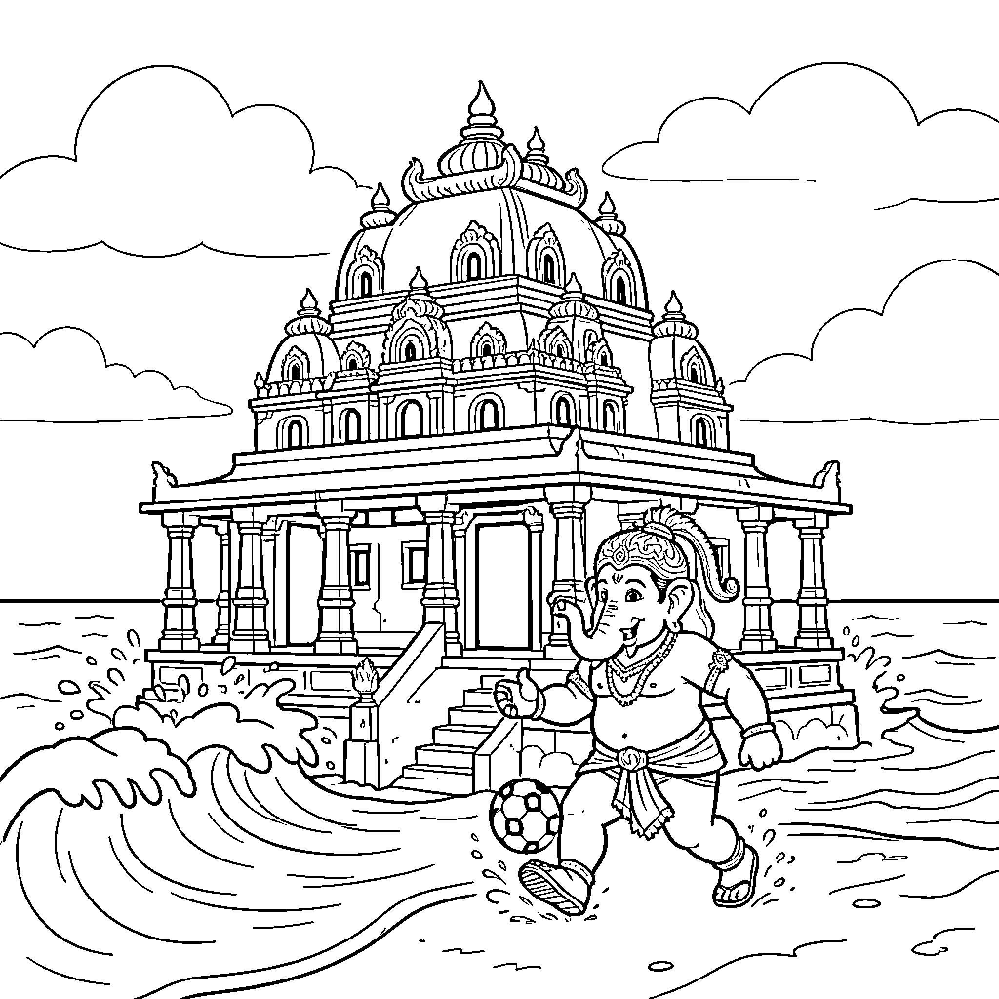 Vinayagar playing football on a beach near a temple Coloring Page (free black-and-white line drawing printable PDF for all, from beginners to advanced learners, including children, teens, adults, and seniors)