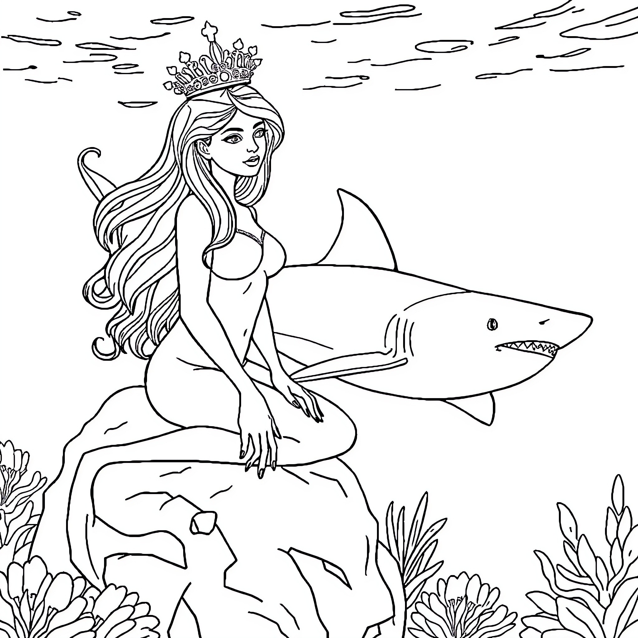 Mermaid queen and her shark companion Coloring Page (free black-and-white line drawing printable PDF for all, from beginners to advanced learners, including children, teens, adults, and seniors)