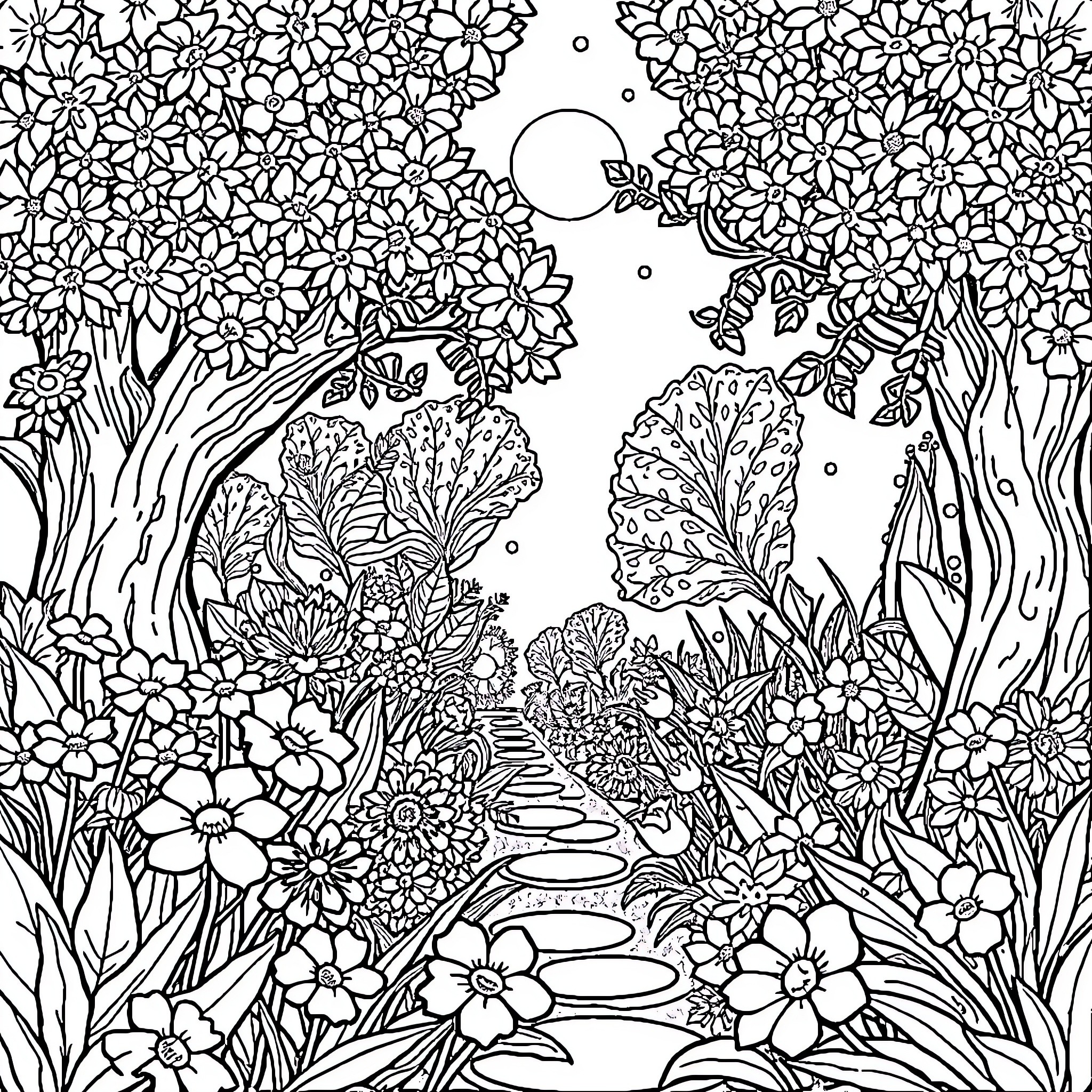 Garden of Vibrant Florals and Winding Paths Coloring Page (free black-and-white line drawing printable PDF for all, from beginners to advanced learners, including children, teens, adults, and seniors)