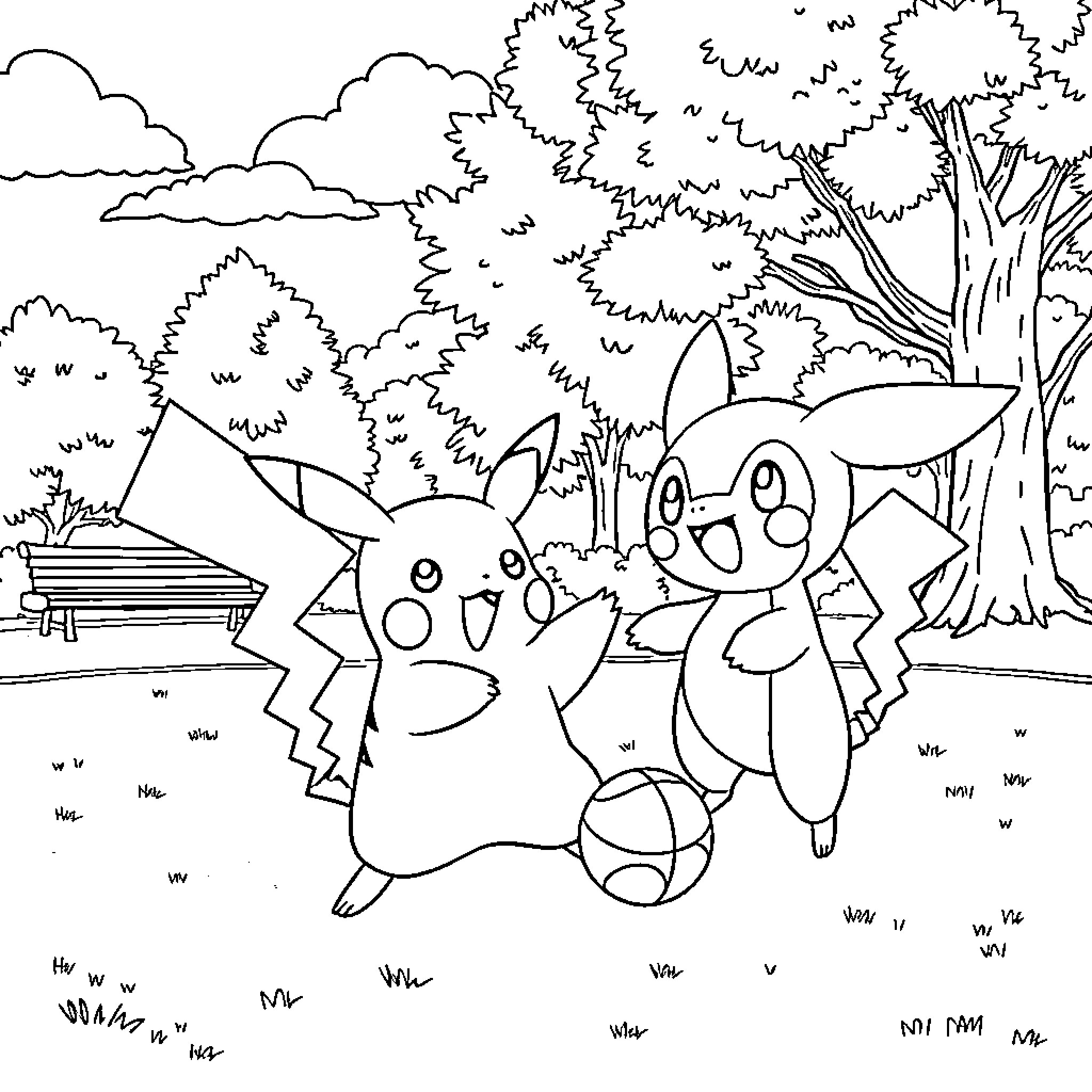 Pikachu and friends playing joyfully in the forest Coloring Page (free black-and-white line drawing printable PDF for all, from beginners to advanced learners, including children, teens, adults, and seniors)