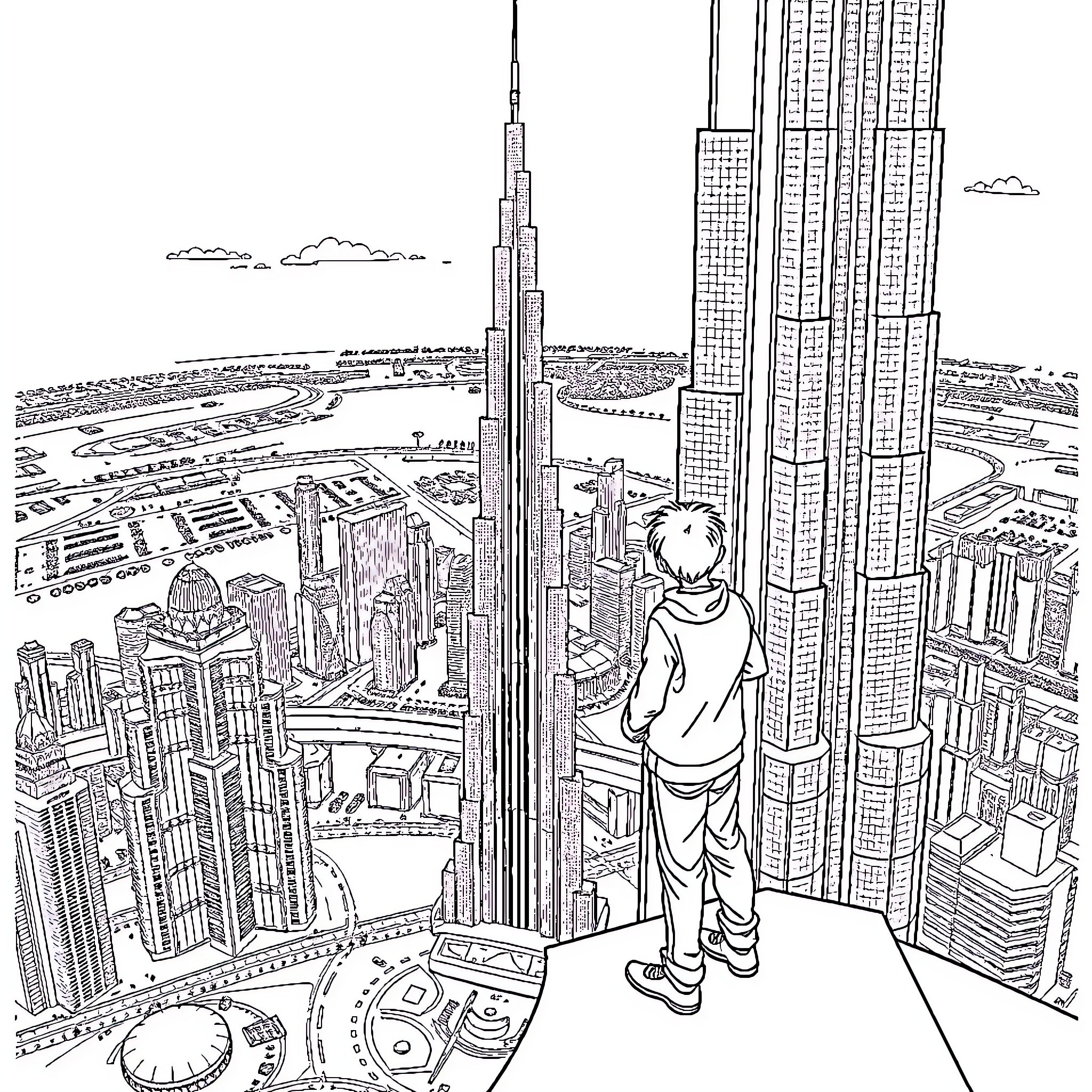 Boy gazes upon a futuristic city skyline Coloring Page (free black-and-white line drawing printable PDF for all, from beginners to advanced learners, including children, teens, adults, and seniors)