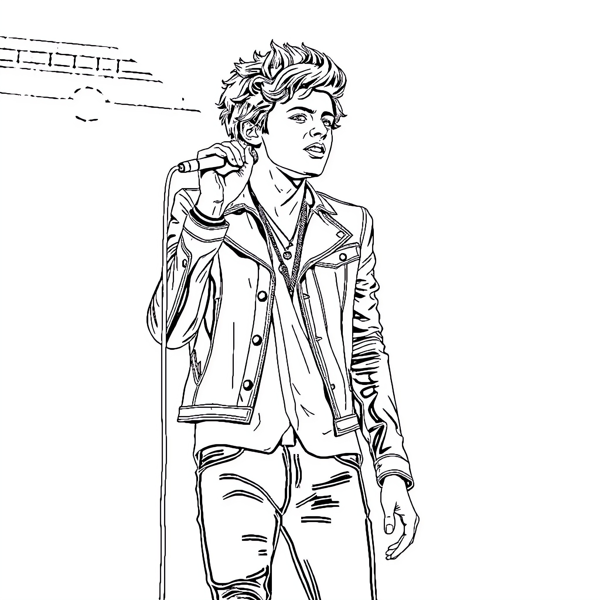 Harry Styles posing confidently in smart attire Coloring Page (free black-and-white line drawing printable PDF for all, from beginners to advanced learners, including children, teens, adults, and seniors)