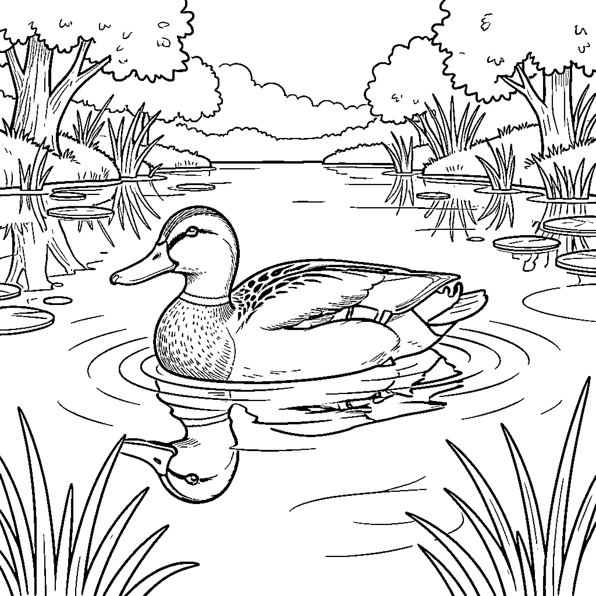 Mallard duck swimming gracefully in the pond Coloring Page (free black-and-white line drawing printable PDF for all, from beginners to advanced learners, including children, teens, adults, and seniors)