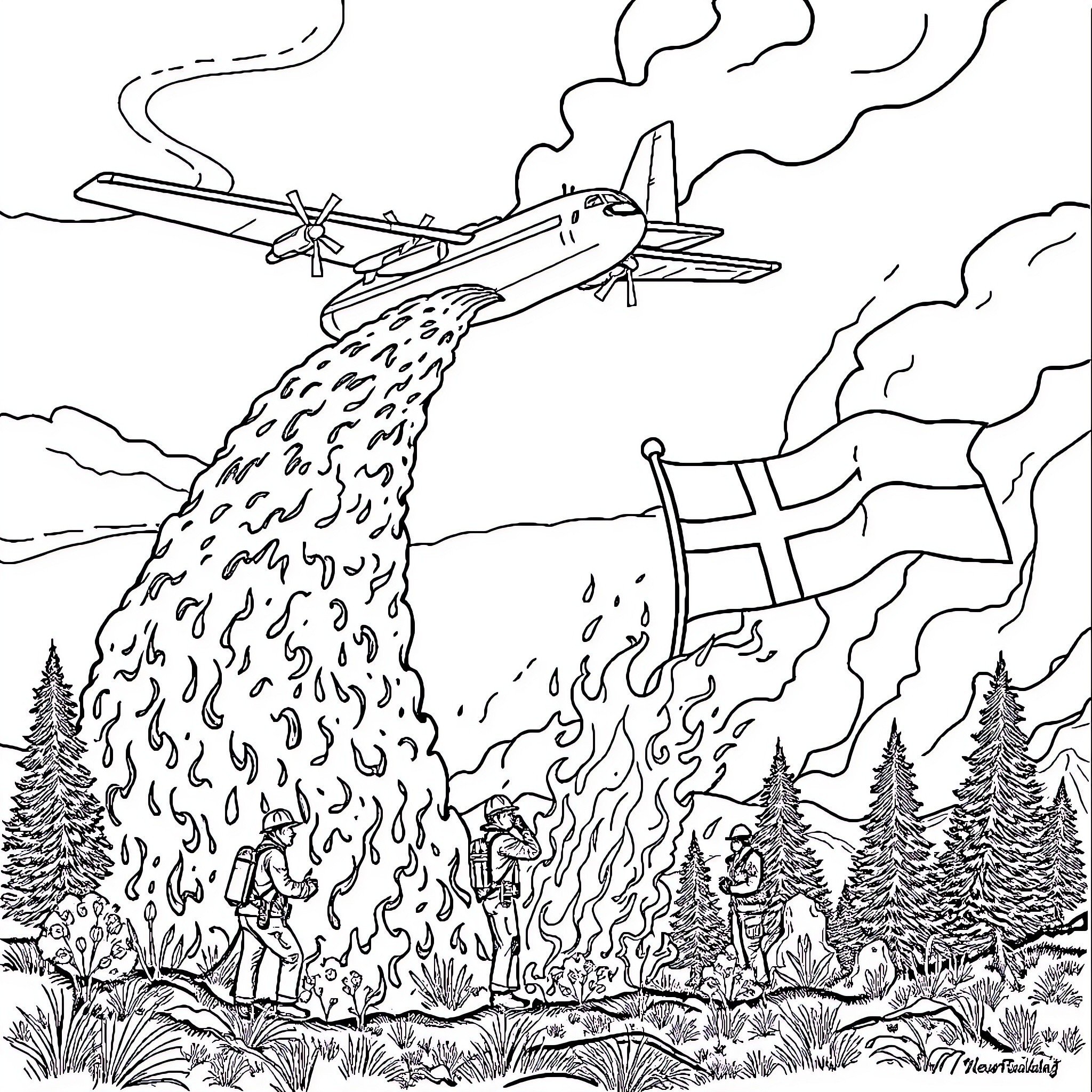 Water Bomber Battling Raging Forest Fire Coloring Page (free black-and-white line drawing printable PDF for all, from beginners to advanced learners, including children, teens, adults, and seniors)