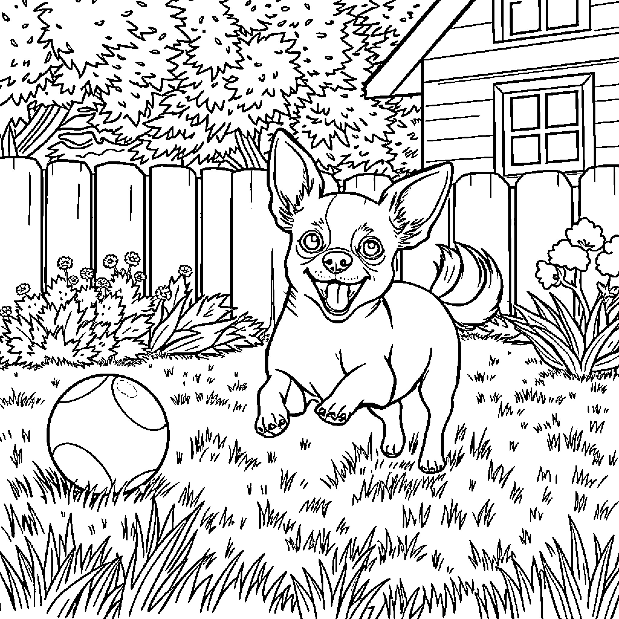 Chihuahua playing joyfully in the backyard Coloring Page (free black-and-white line drawing printable PDF for all, from beginners to advanced learners, including children, teens, adults, and seniors)