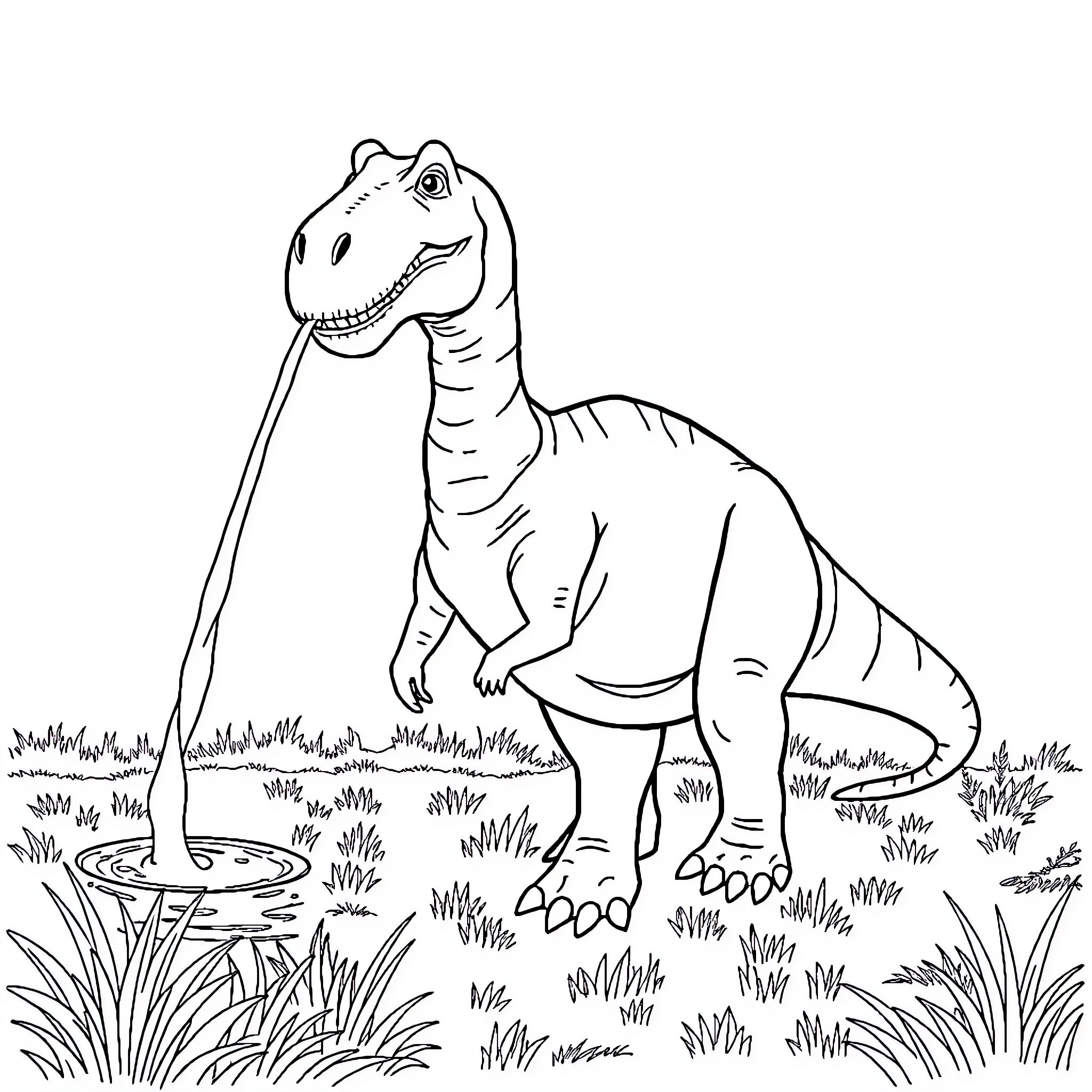 Dinosaur exploring the prehistoric landscape Coloring Page (free black-and-white line drawing printable PDF for all, from beginners to advanced learners, including children, teens, adults, and seniors)