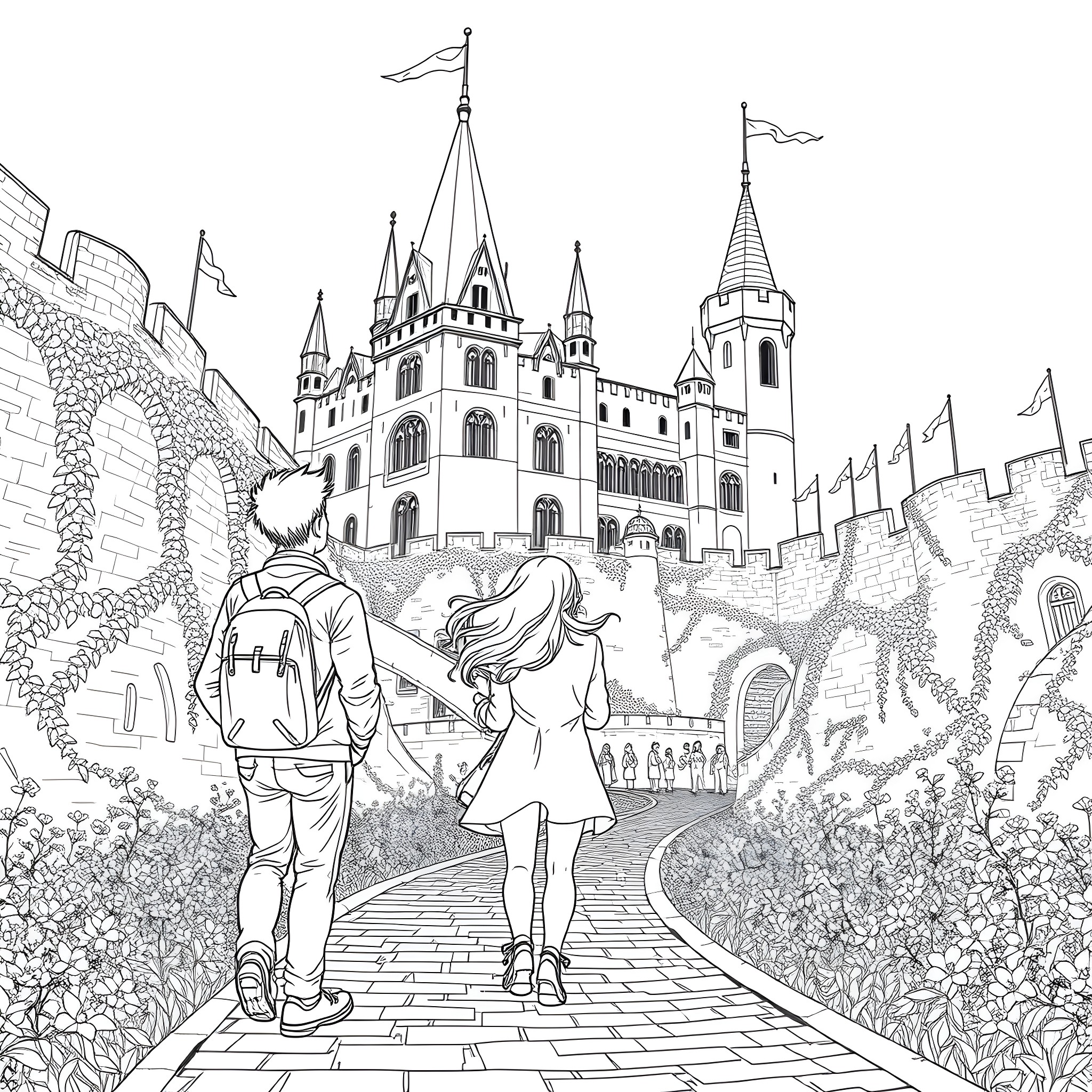 Couple exploring a fairy tale castle Coloring Page (free black-and-white line drawing printable PDF for all, from beginners to advanced learners, including children, teens, adults, and seniors)