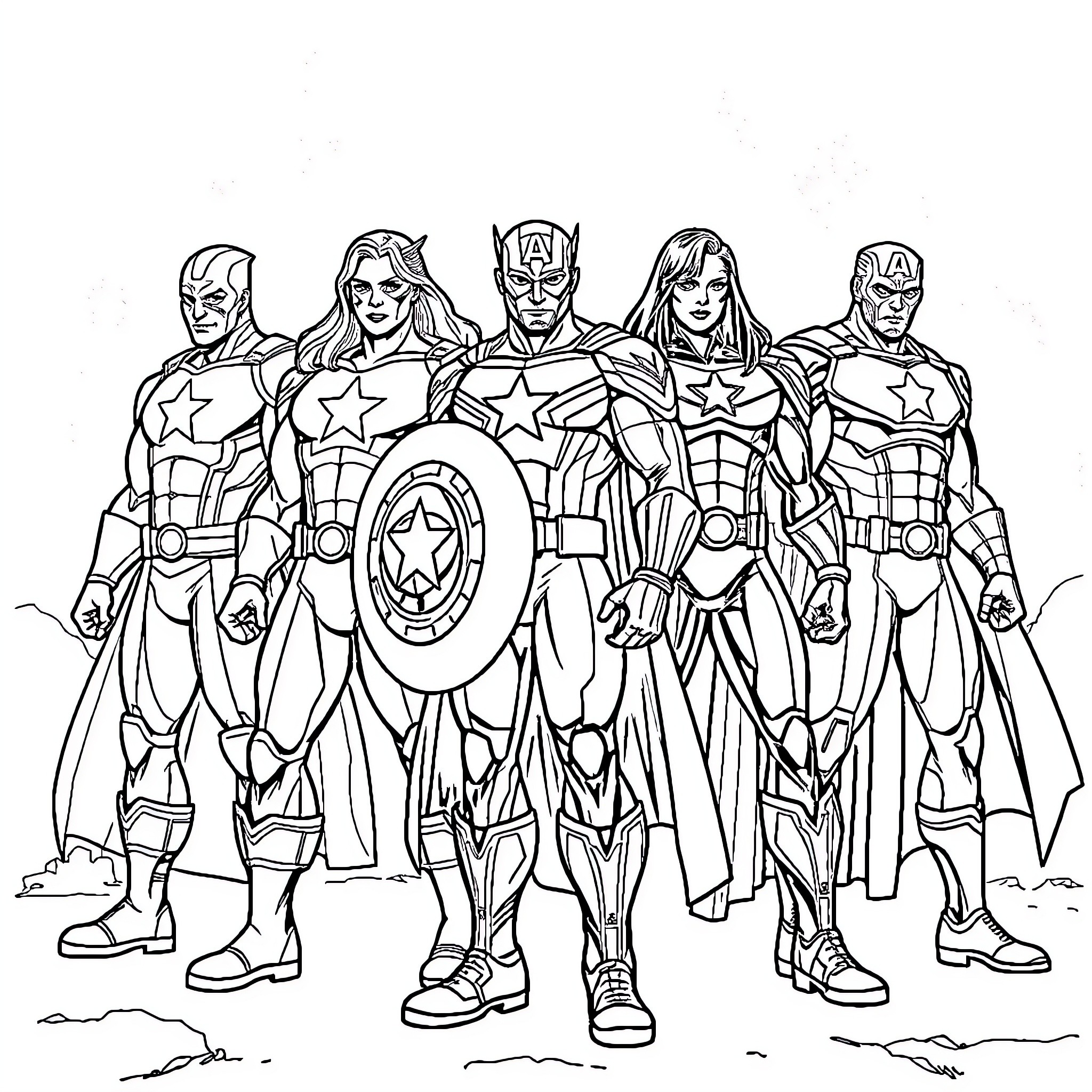 Avenger heroes in battle gear and poses Coloring Page (free black-and-white line drawing printable PDF for all, from beginners to advanced learners, including children, teens, adults, and seniors)