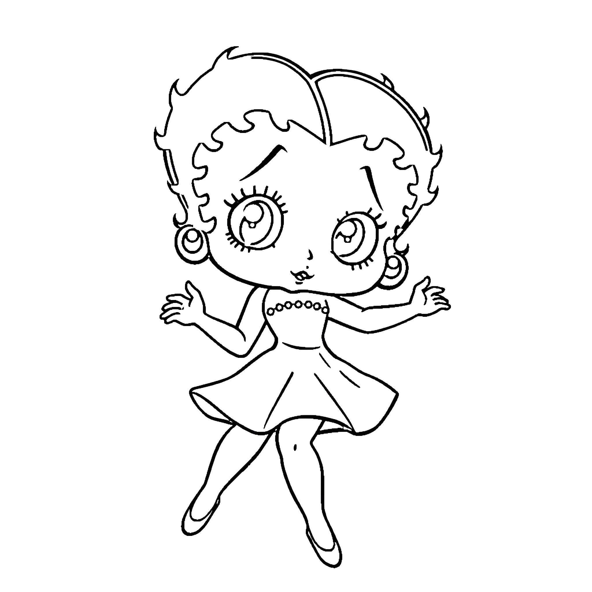 Betty Boop dancing playfully in a dress Coloring Page (free black-and-white line drawing printable PDF for all, from beginners to advanced learners, including children, teens, adults, and seniors)