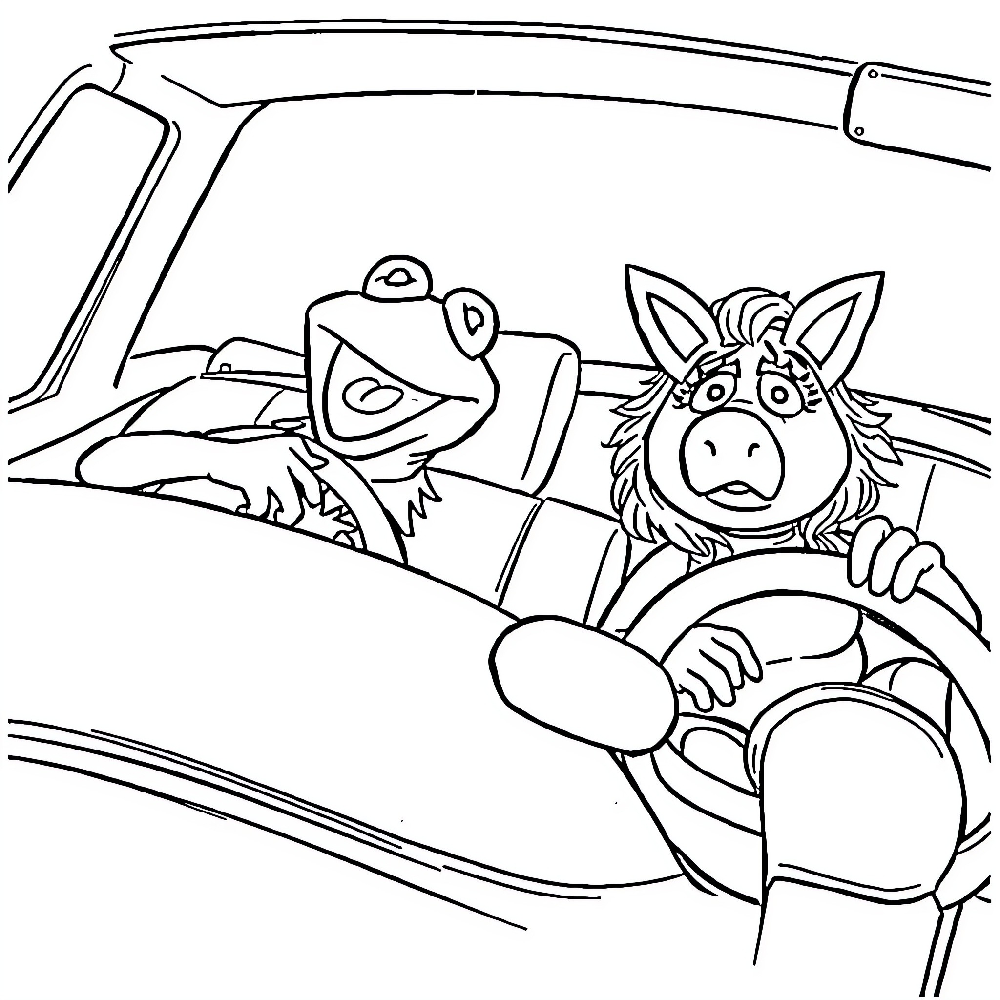 Kermit and Animal driving a car together Coloring Page (free black-and-white line drawing printable PDF for all, from beginners to advanced learners, including children, teens, adults, and seniors)
