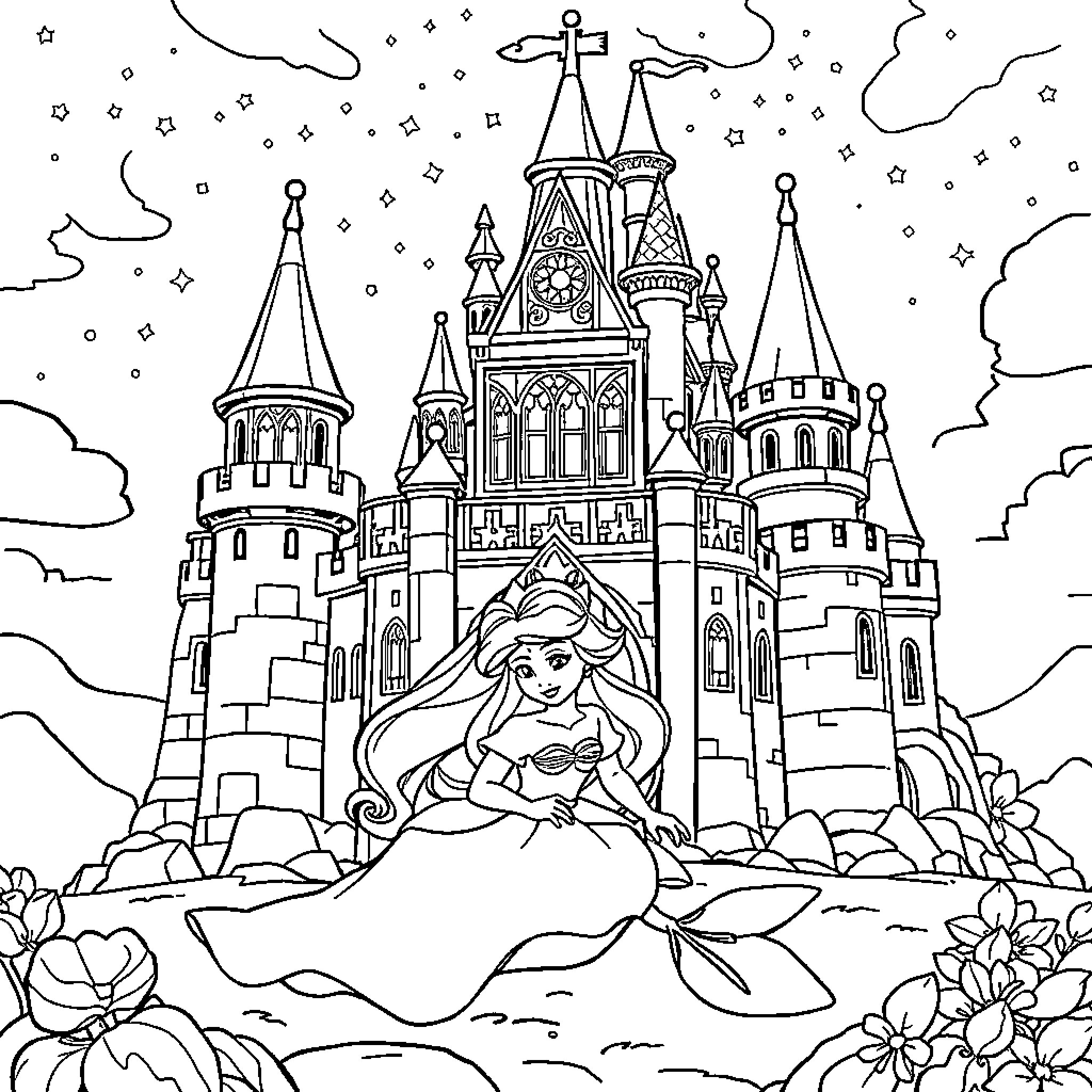Princess in Enchanted Castle Surrounded by Flowers Coloring Page (free black-and-white line drawing printable PDF for all, from beginners to advanced learners, including children, teens, adults, and seniors)