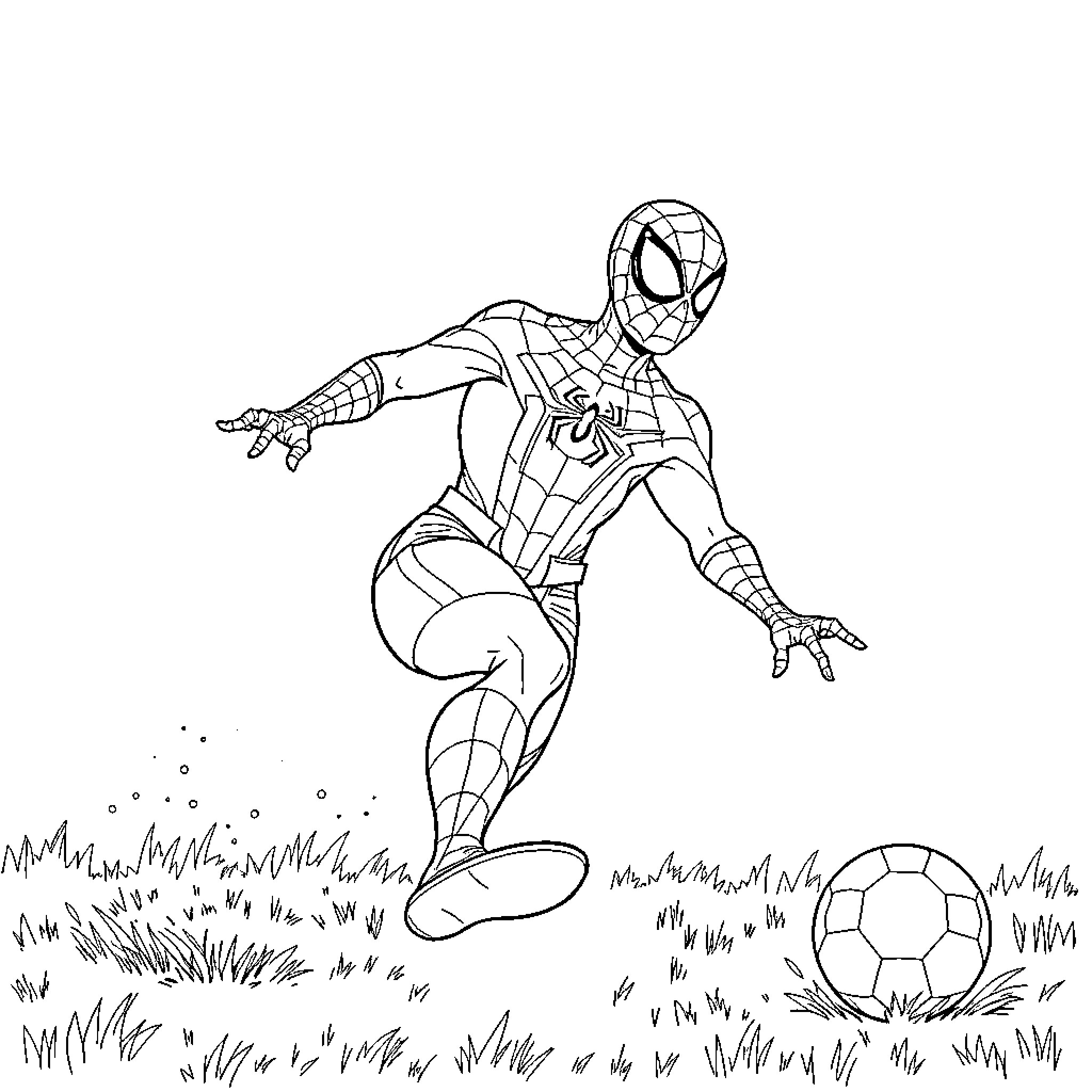 Spidey playing with soccer ball on the field Coloring Page (free black-and-white line drawing printable PDF for all, from beginners to advanced learners, including children, teens, adults, and seniors)