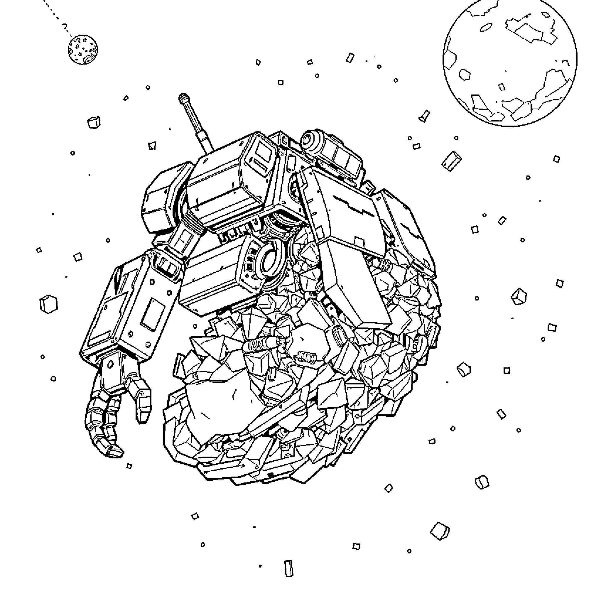 Robot exploring the vastness of space Coloring Page (free black-and-white line drawing printable PDF for all, from beginners to advanced learners, including children, teens, adults, and seniors)