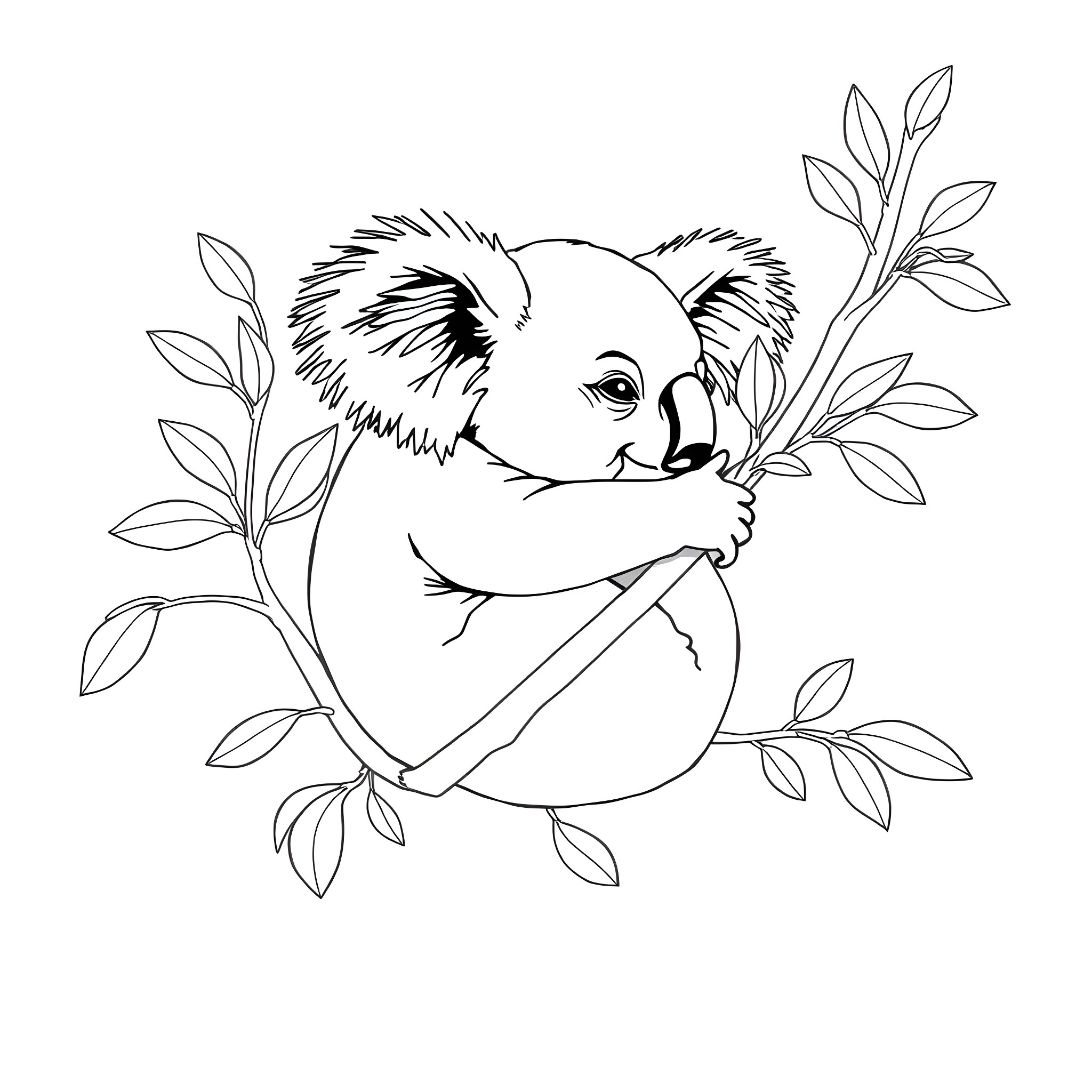 Koala resting peacefully in the leaves Coloring Page (free black-and-white line drawing printable PDF for all, from beginners to advanced learners, including children, teens, adults, and seniors)
