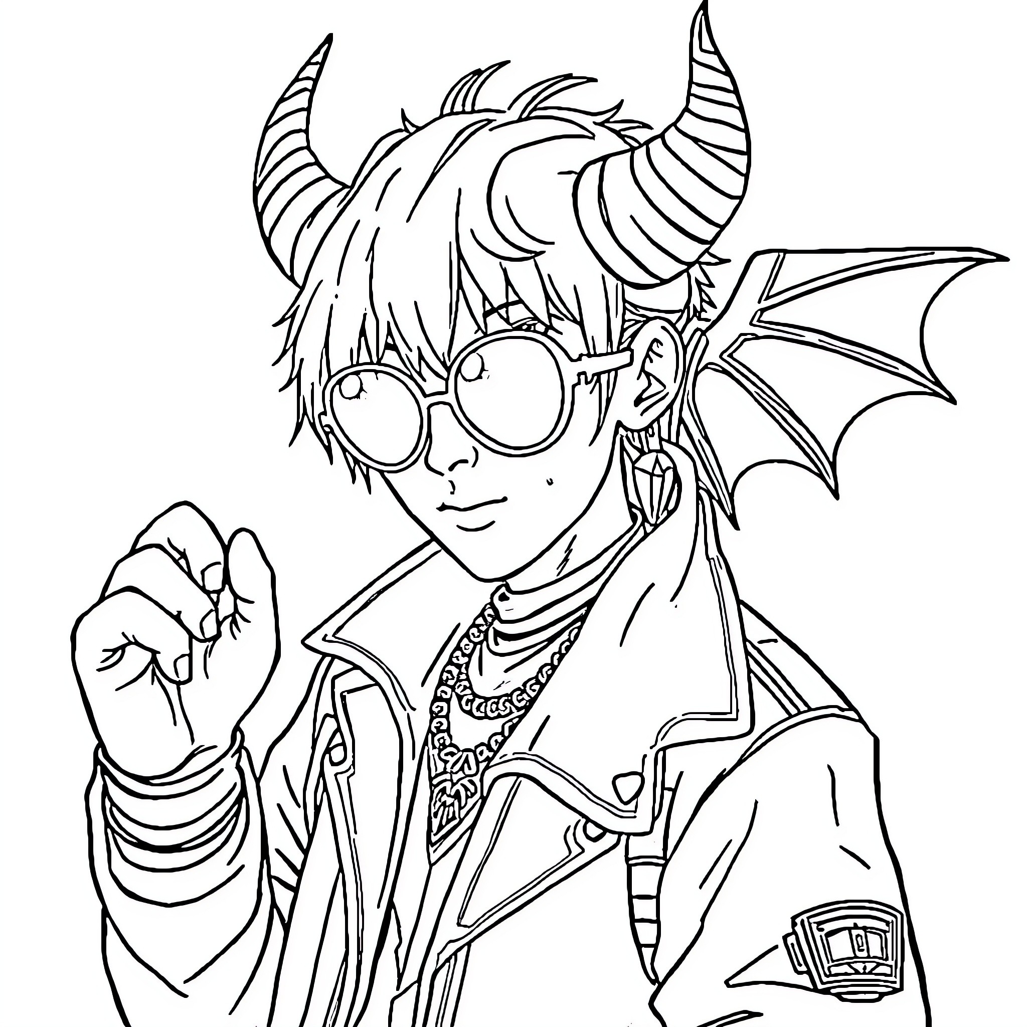 Demon-like character in stylized outfit with horns Coloring Page (free black-and-white line drawing printable PDF for all, from beginners to advanced learners, including children, teens, adults, and seniors)