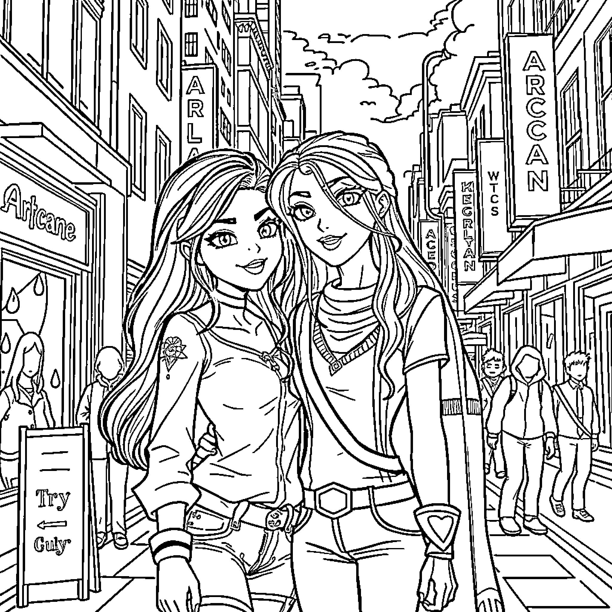 Vibrant Friendship on City Streets Coloring Page (free black-and-white line drawing printable PDF for all, from beginners to advanced learners, including children, teens, adults, and seniors)