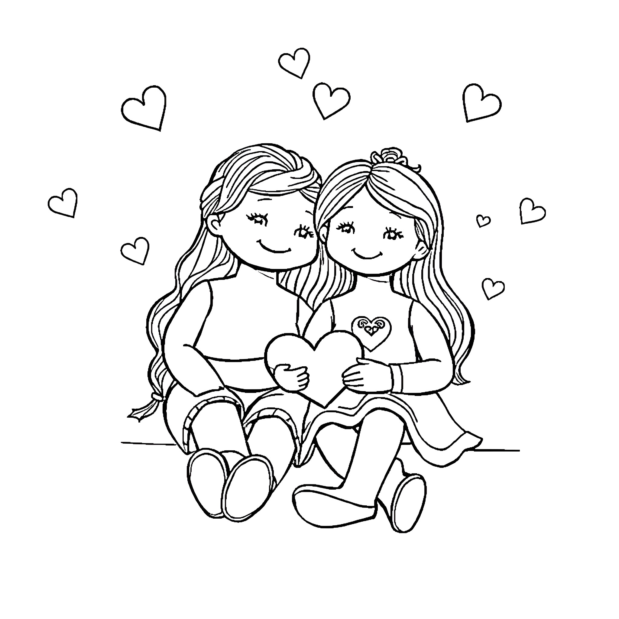 Doll friends sharing a heart-shaped moment Coloring Page (free black-and-white line drawing printable PDF for all, from beginners to advanced learners, including children, teens, adults, and seniors)