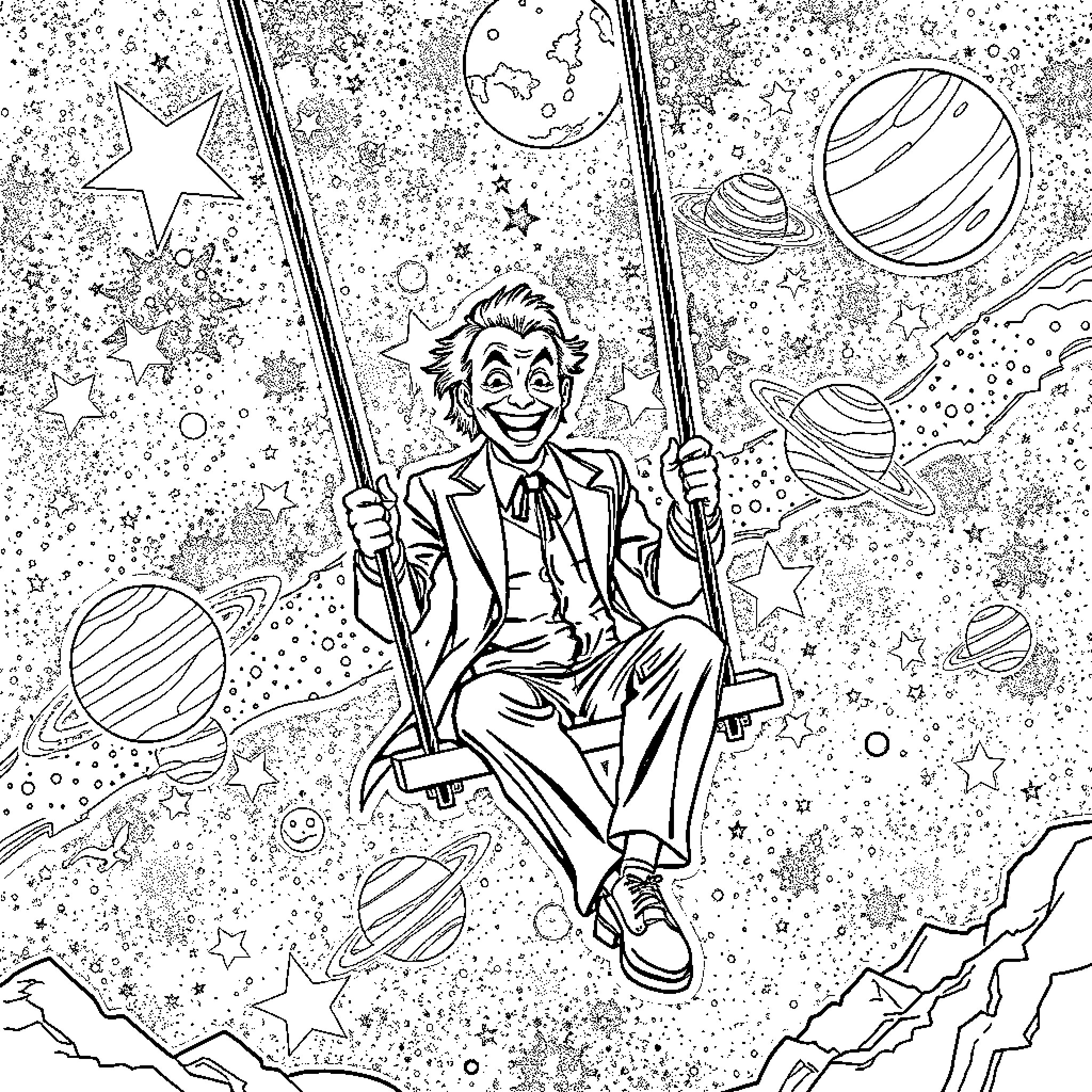 Joker swinging in the cosmic void Coloring Page (free black-and-white line drawing printable PDF for all, from beginners to advanced learners, including children, teens, adults, and seniors)