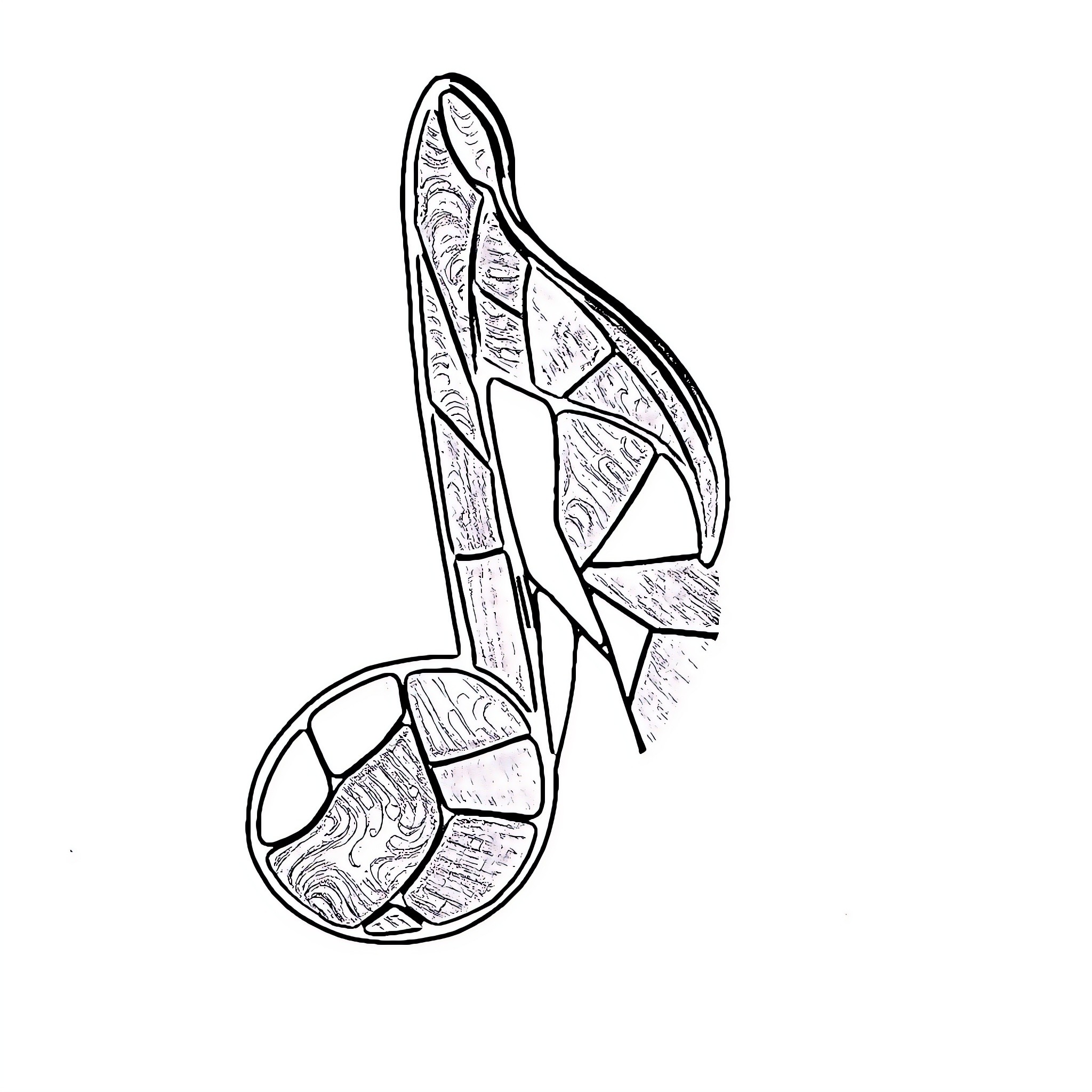 Music Note with Geometric Patterns Coloring Page (free black-and-white line drawing printable PDF for all, from beginners to advanced learners, including children, teens, adults, and seniors)