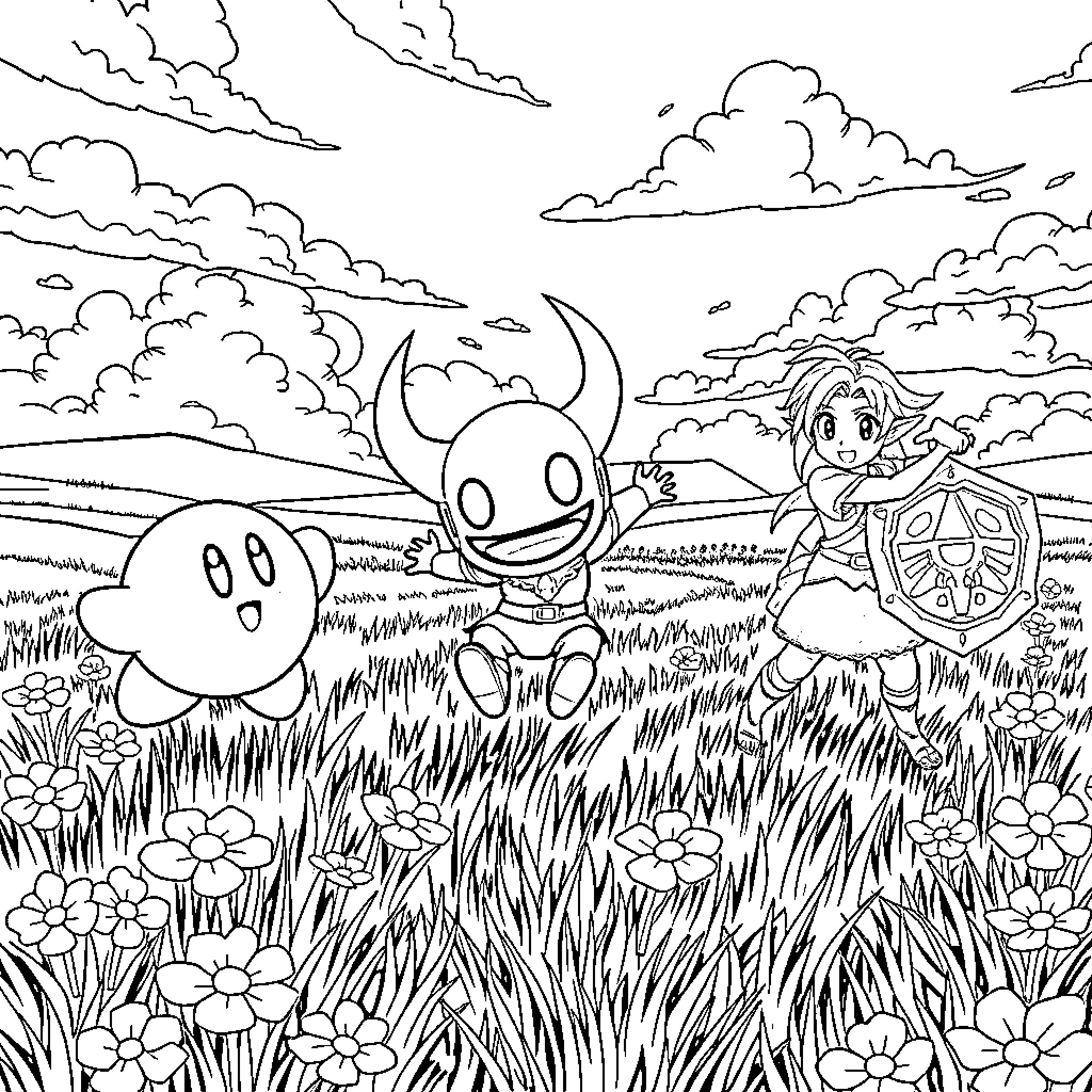 Hollow Knight characters exploring a whimsical landscape Coloring Page (free black-and-white line drawing printable PDF for all, from beginners to advanced learners, including children, teens, adults, and seniors)