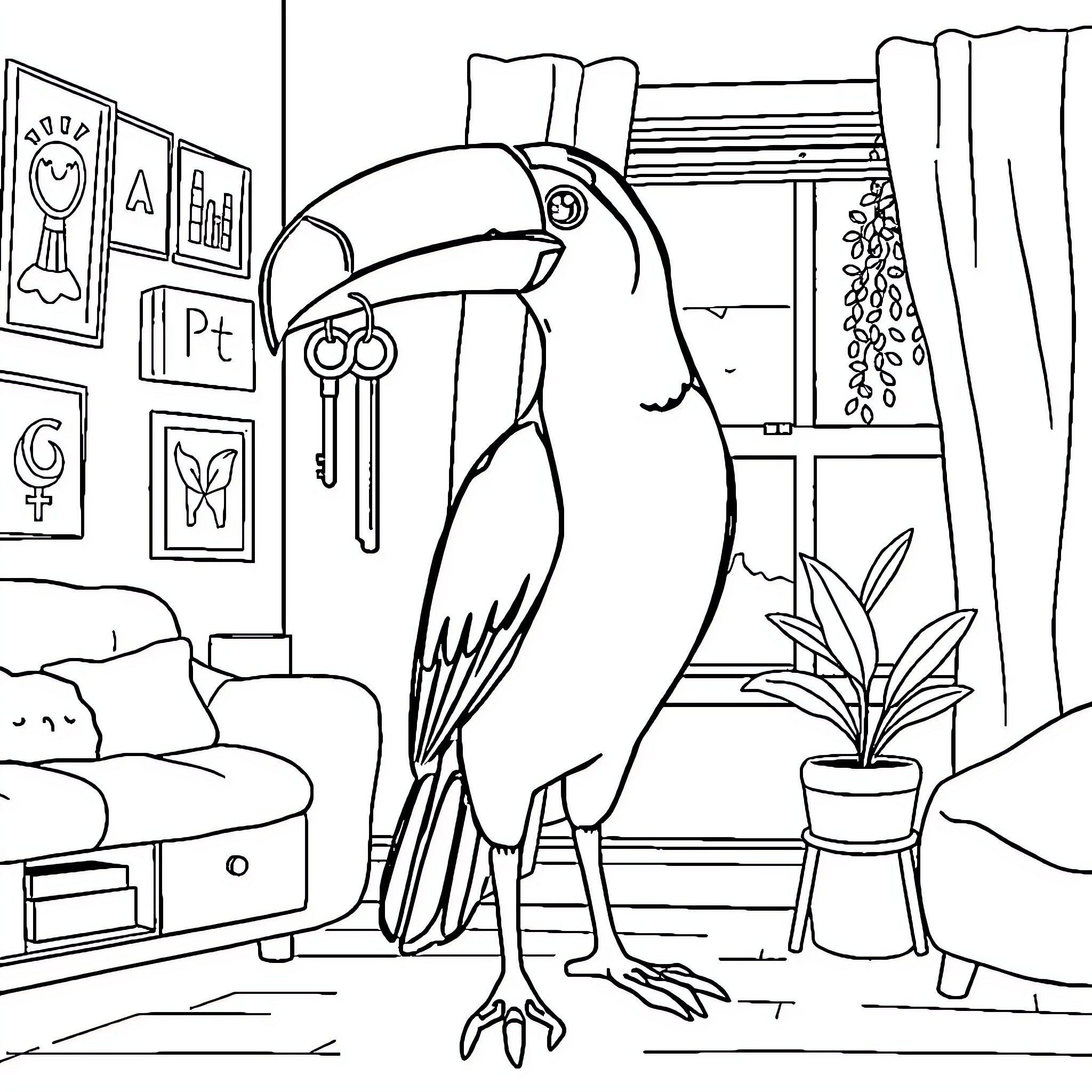 Toucan exploring a cozy indoor space Coloring Page (free black-and-white line drawing printable PDF for all, from beginners to advanced learners, including children, teens, adults, and seniors)