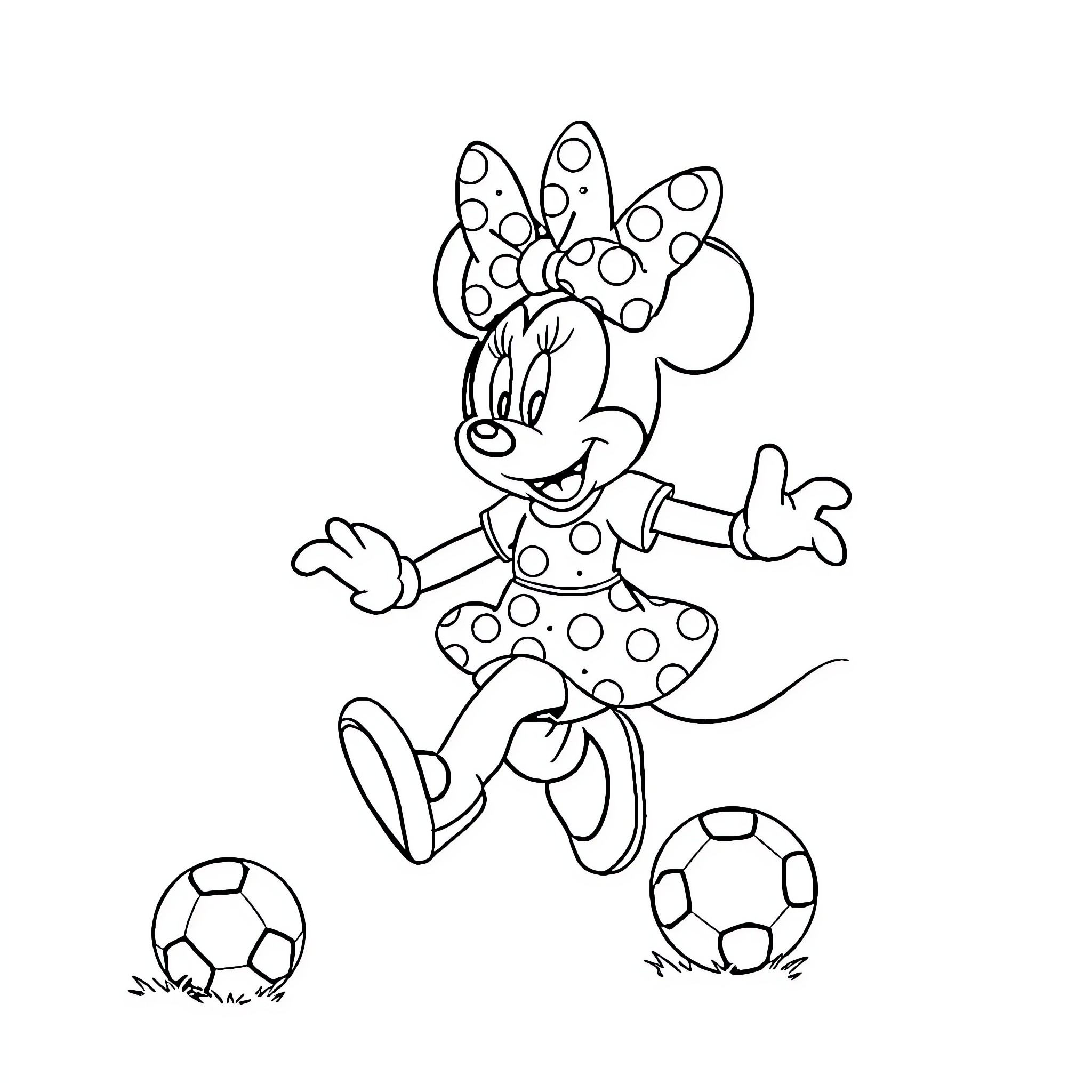 Minnie Mouse playing with soccer balls Coloring Page (free black-and-white line drawing printable PDF for all, from beginners to advanced learners, including children, teens, adults, and seniors)