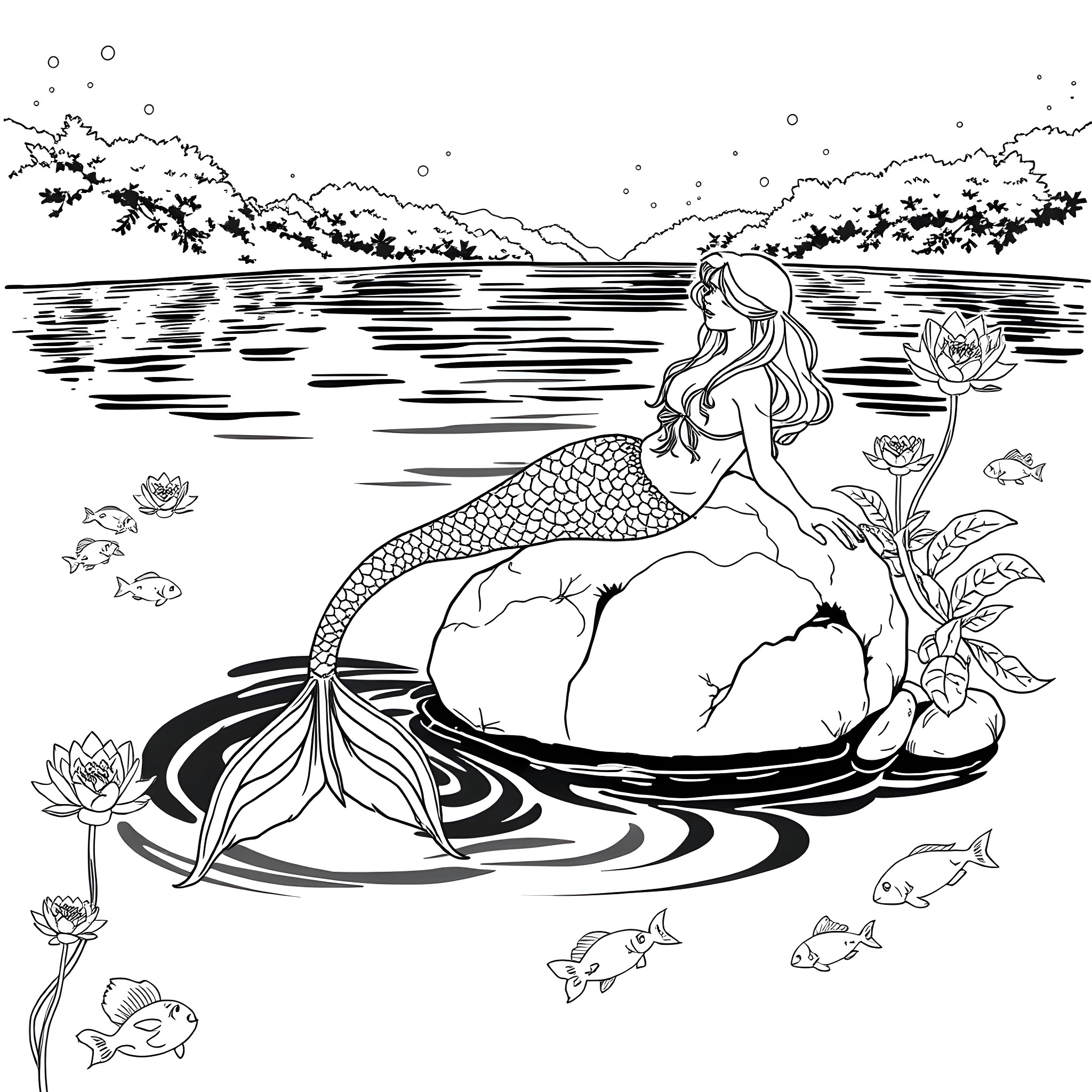 Mermaid resting on a rock in a serene lake Coloring Page (free black-and-white line drawing printable PDF for all, from beginners to advanced learners, including children, teens, adults, and seniors)