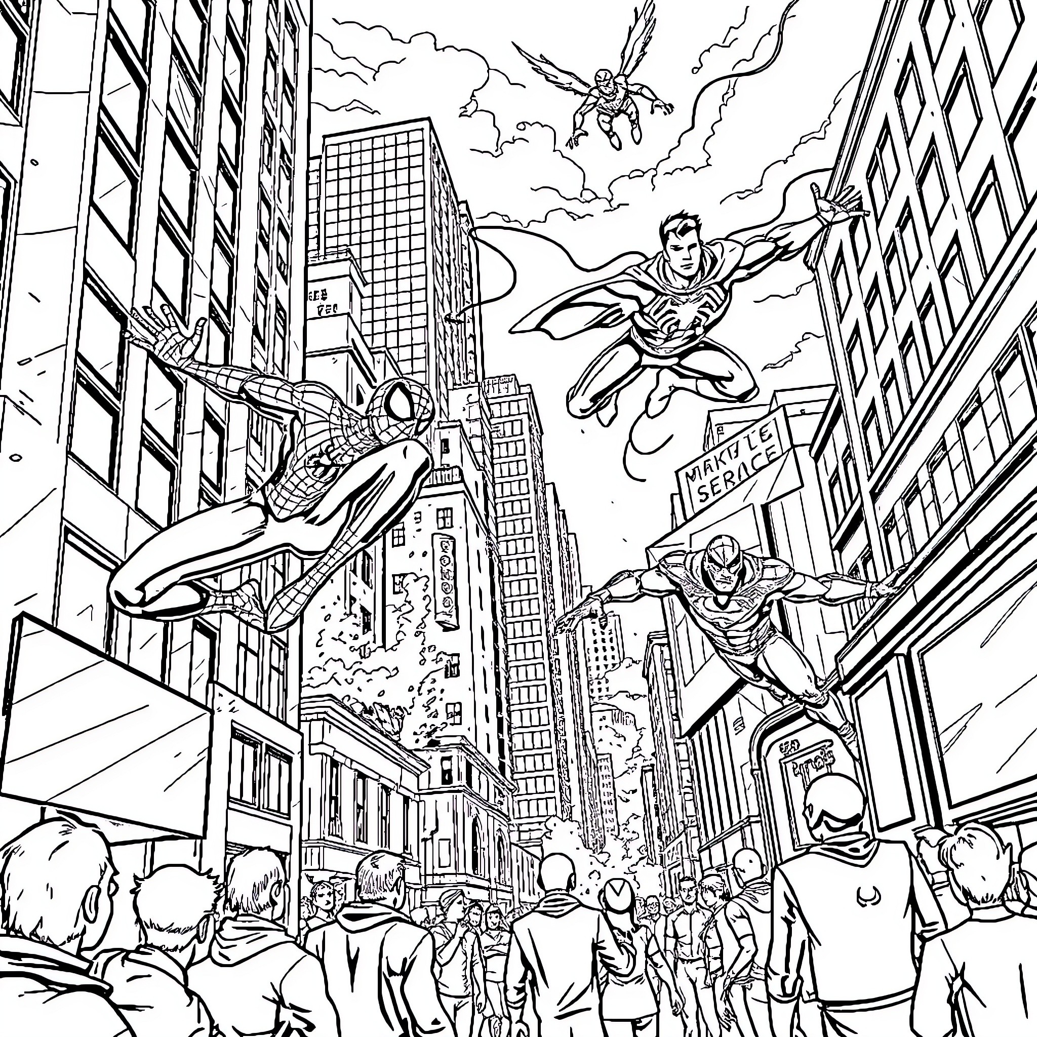 Superhero Action in the City Streets Coloring Page (free black-and-white line drawing printable PDF for all, from beginners to advanced learners, including children, teens, adults, and seniors)