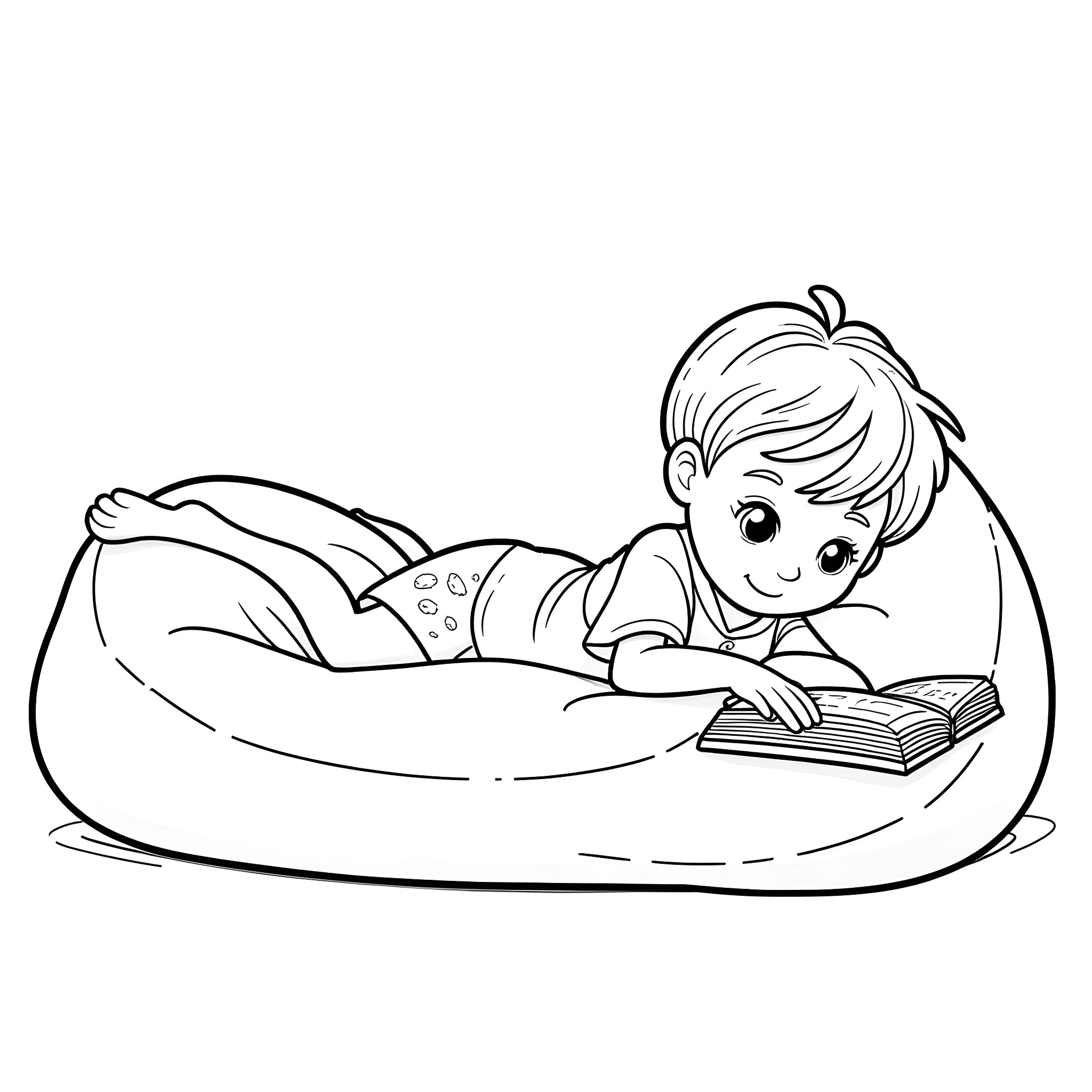 Boy Relaxing and Reading a Book Coloring Page (free black-and-white line drawing printable PDF for all, from beginners to advanced learners, including children, teens, adults, and seniors)