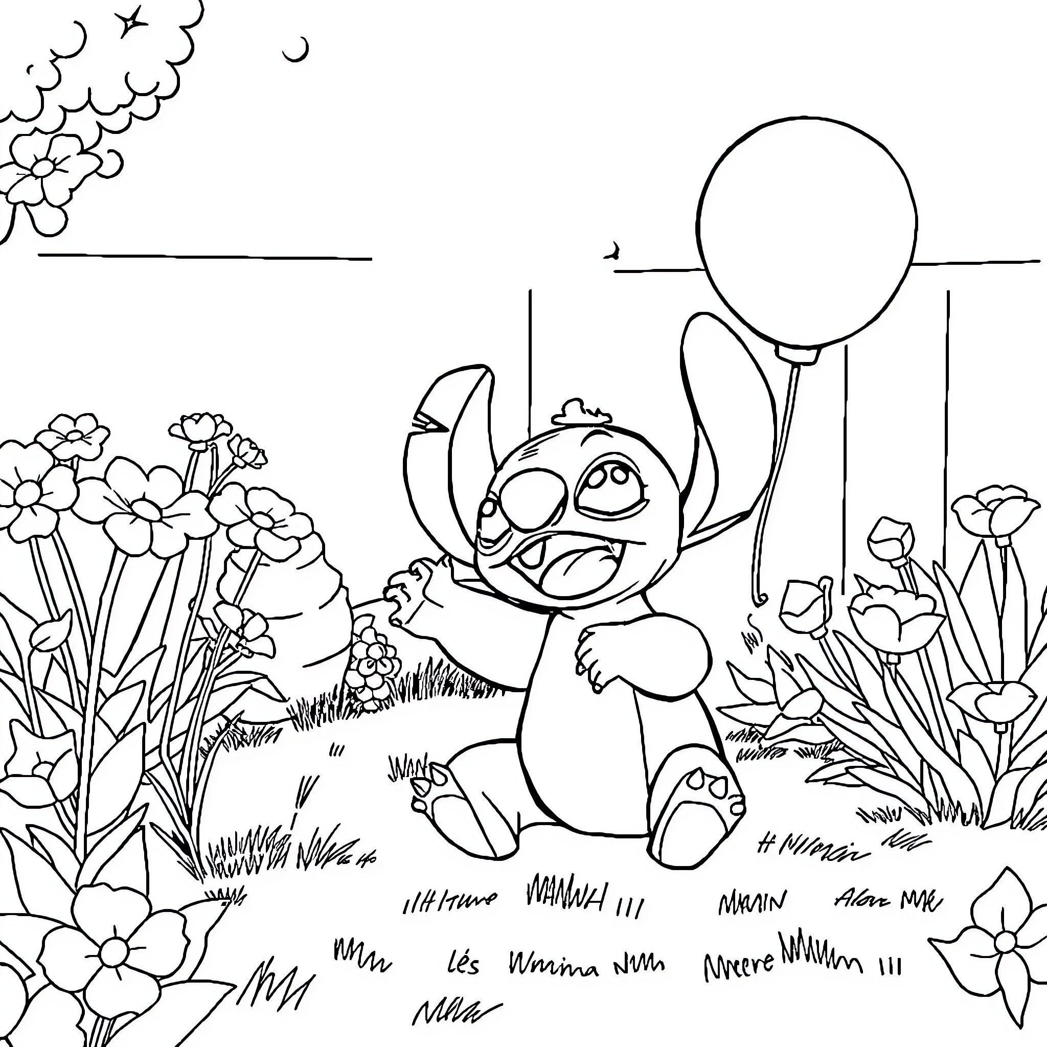 Stitch enjoying nature with colorful flowers and balloons Coloring Page (free black-and-white line drawing printable PDF for all, from beginners to advanced learners, including children, teens, adults, and seniors)