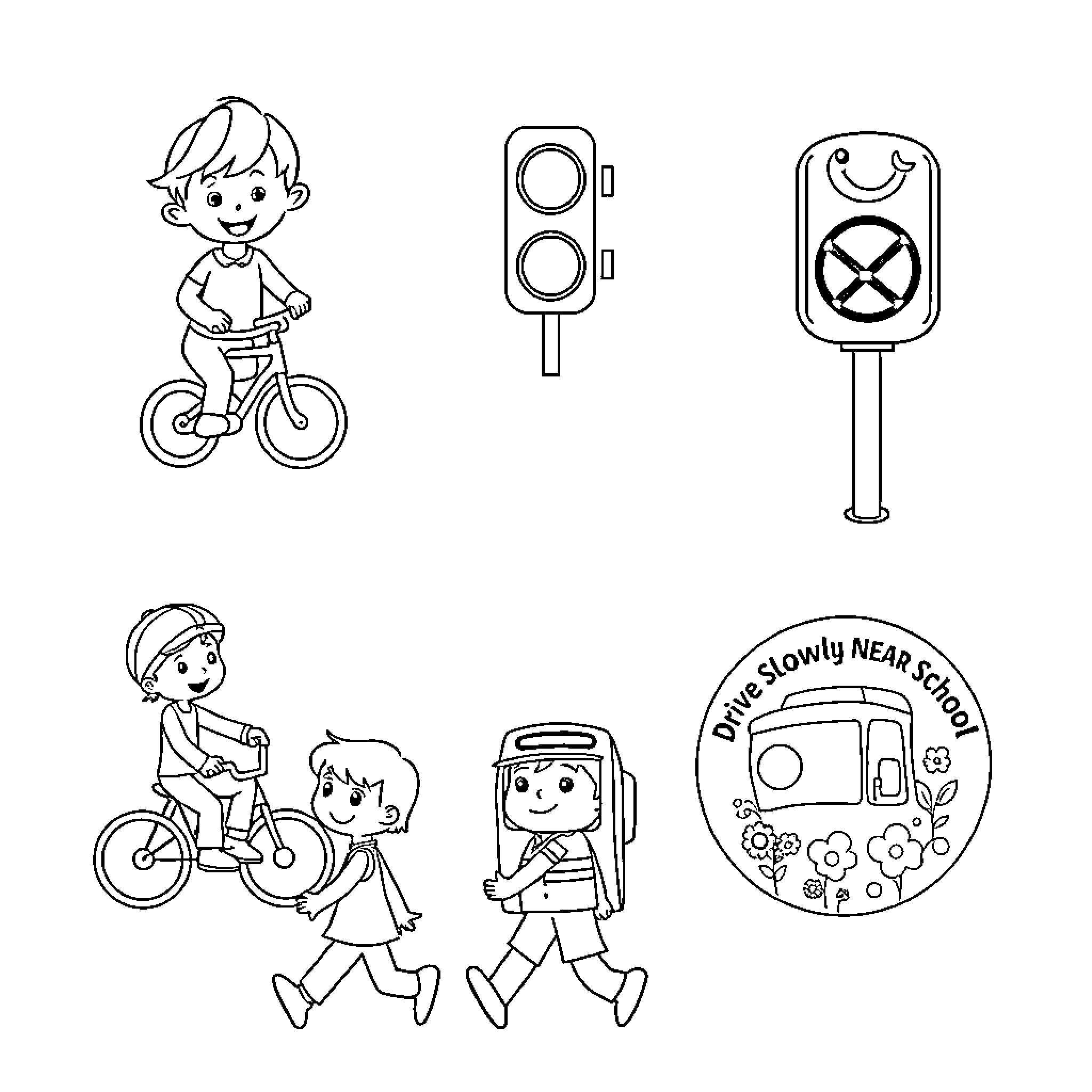 Traffic Safety Symbols and Pedestrian Actions Coloring Page (free black-and-white line drawing printable PDF for all, from beginners to advanced learners, including children, teens, adults, and seniors)