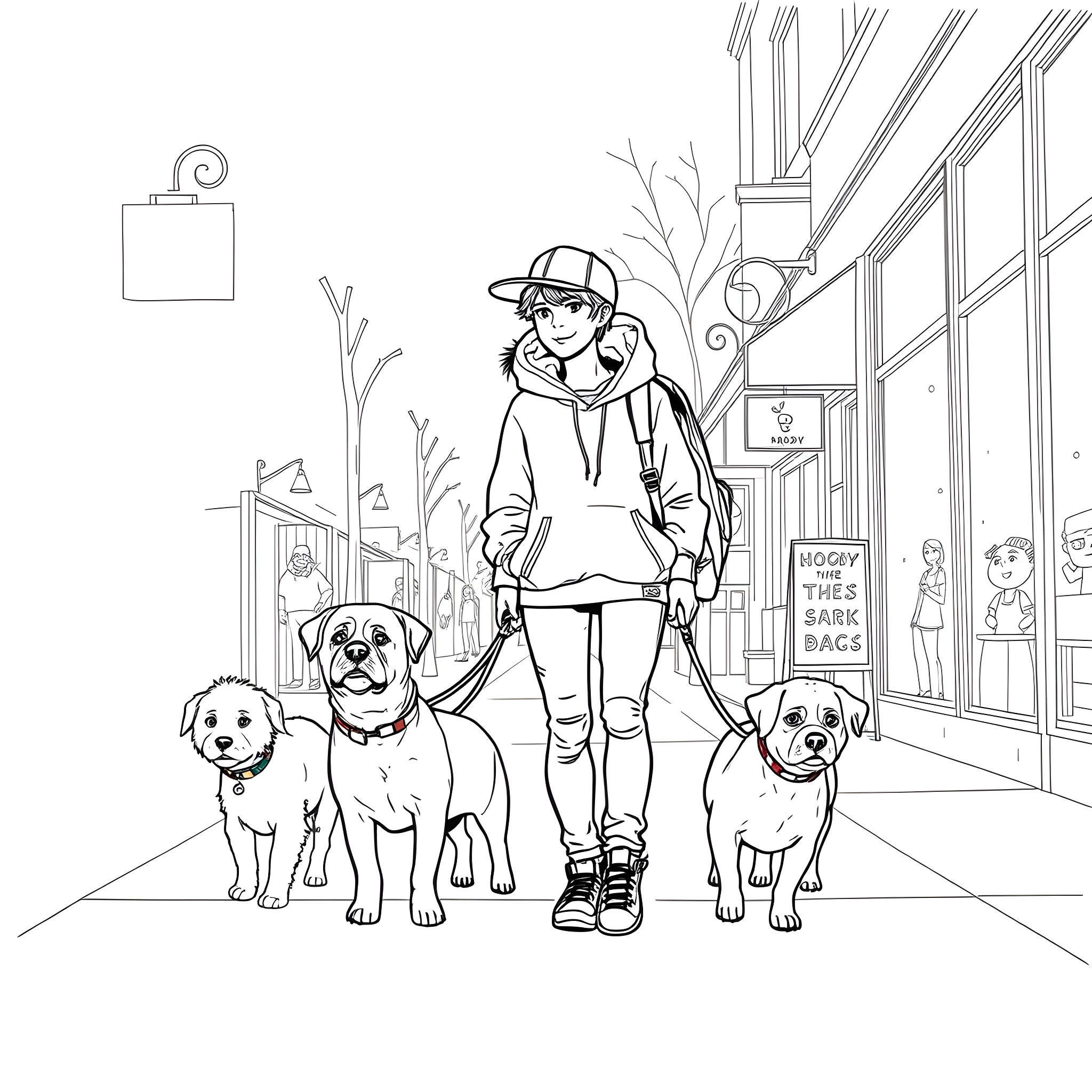 Teenagers walking dogs in the city Coloring Page (free black-and-white line drawing printable PDF for all, from beginners to advanced learners, including children, teens, adults, and seniors)