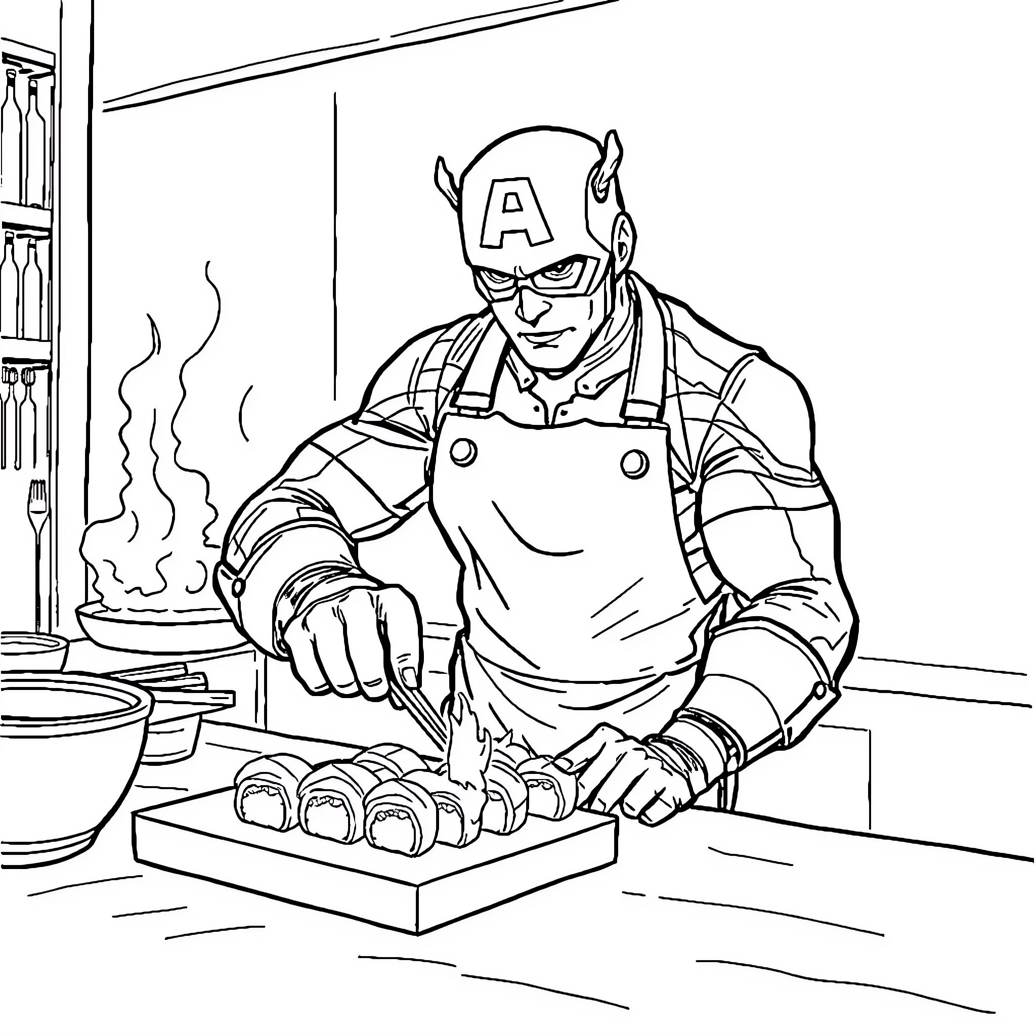 Captain America cooking in the kitchen Coloring Page (free black-and-white line drawing printable PDF for all, from beginners to advanced learners, including children, teens, adults, and seniors)