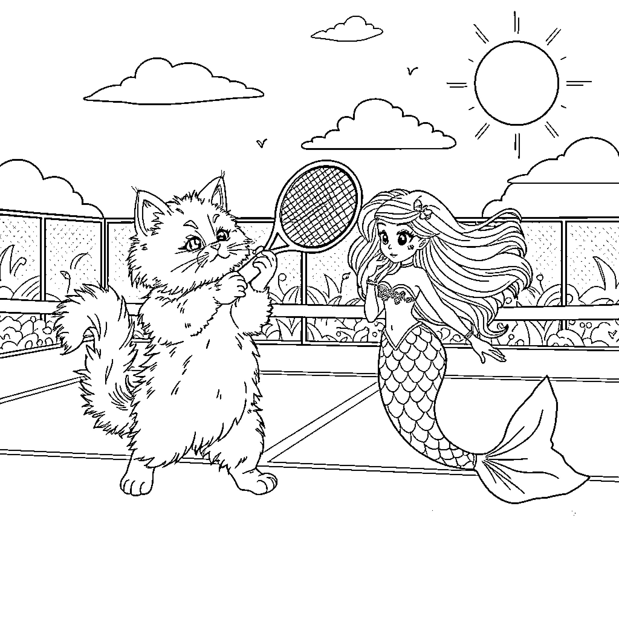 Cat and Mermaid Playing Tennis on the Beach Coloring Page (free black-and-white line drawing printable PDF for all, from beginners to advanced learners, including children, teens, adults, and seniors)