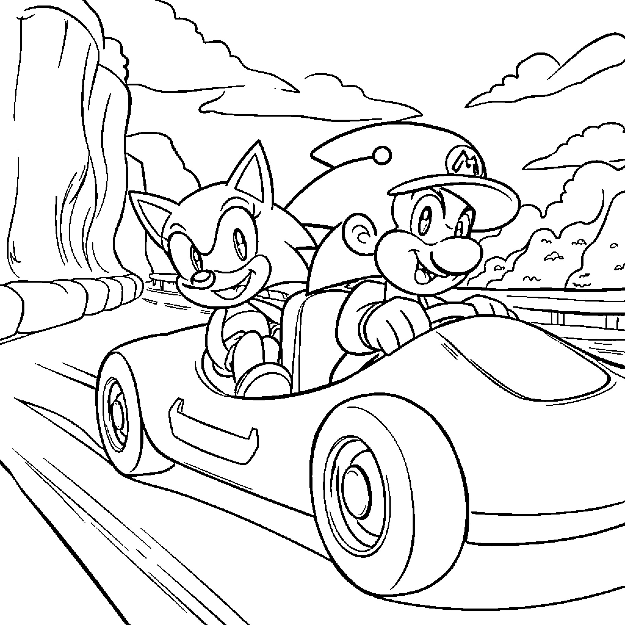 Sonic and Mario racing through the countryside Coloring Page (free black-and-white line drawing printable PDF for all, from beginners to advanced learners, including children, teens, adults, and seniors)