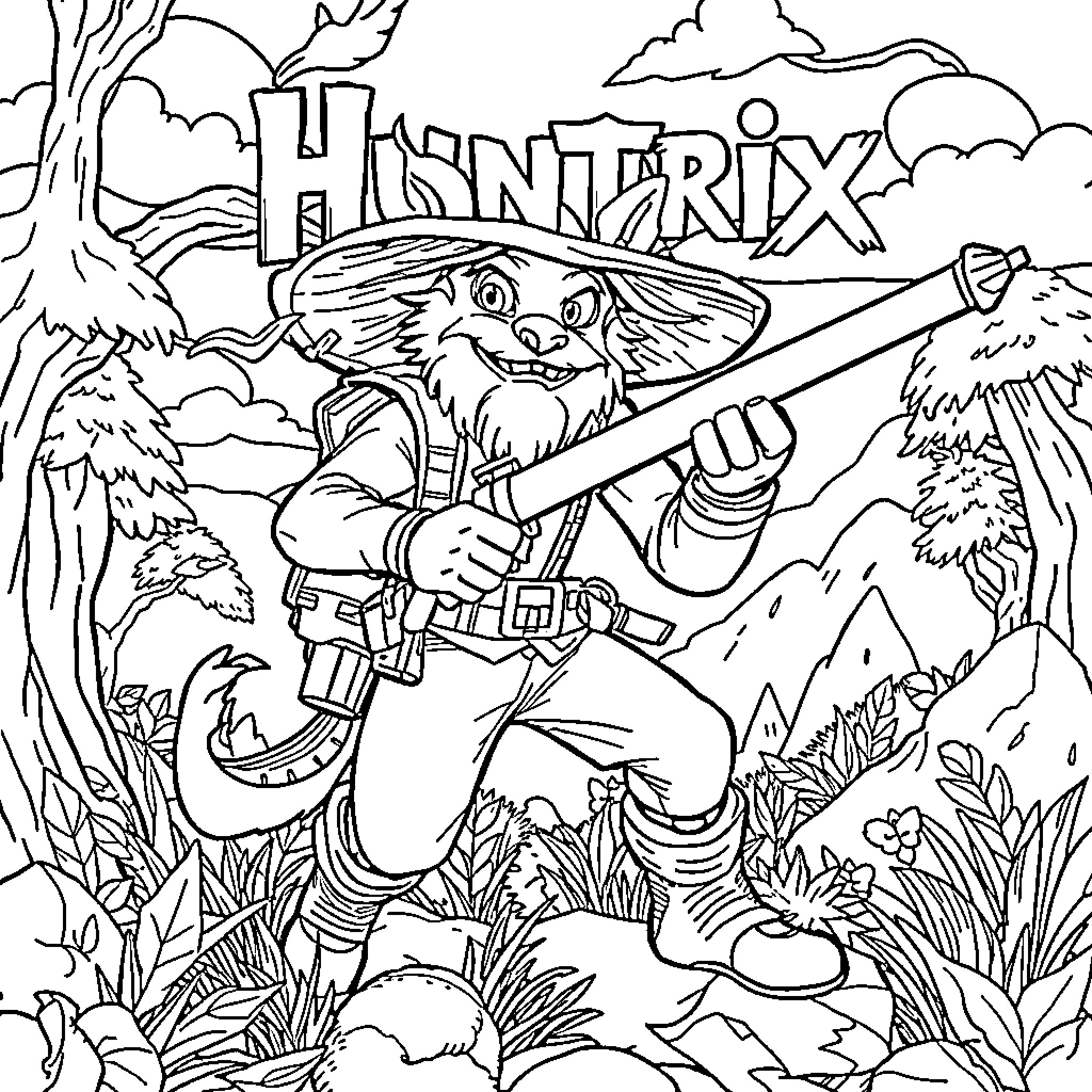 Huntrix Adventurer Exploring Lush Wilderness Coloring Page (free black-and-white line drawing printable PDF for all, from beginners to advanced learners, including children, teens, adults, and seniors)