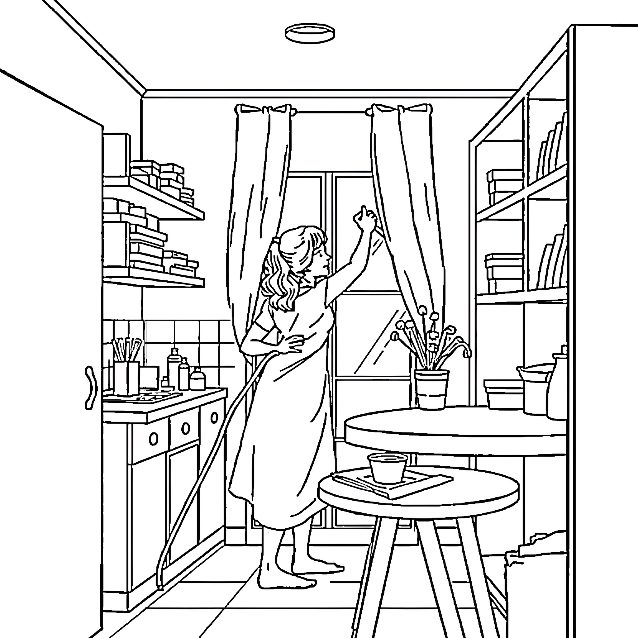 Lady Preparing for the Day in Her Room Coloring Page (free black-and-white line drawing printable PDF for all, from beginners to advanced learners, including children, teens, adults, and seniors)