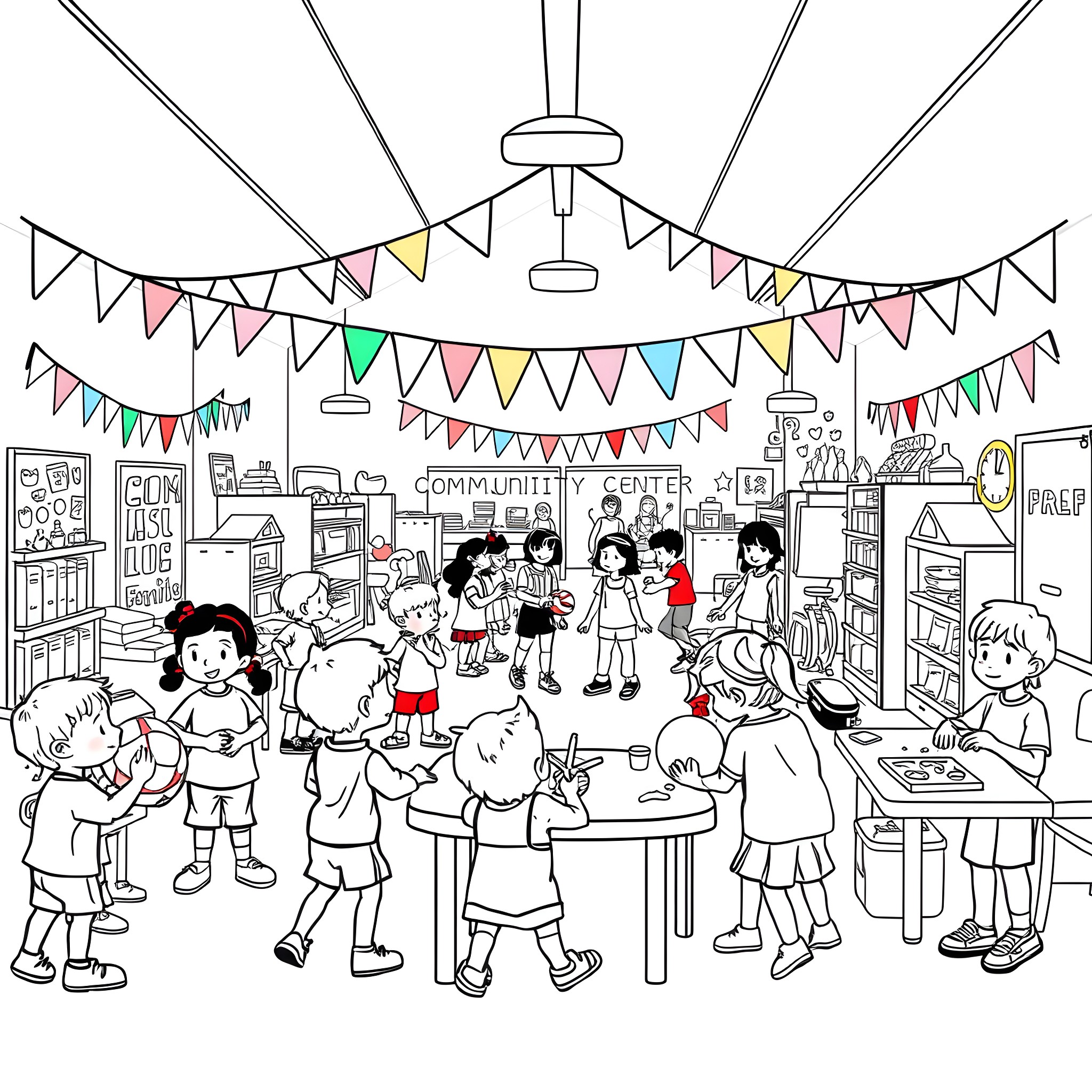 Club Community Gathering with Festive Decorations Coloring Page (free black-and-white line drawing printable PDF for all, from beginners to advanced learners, including children, teens, adults, and seniors)