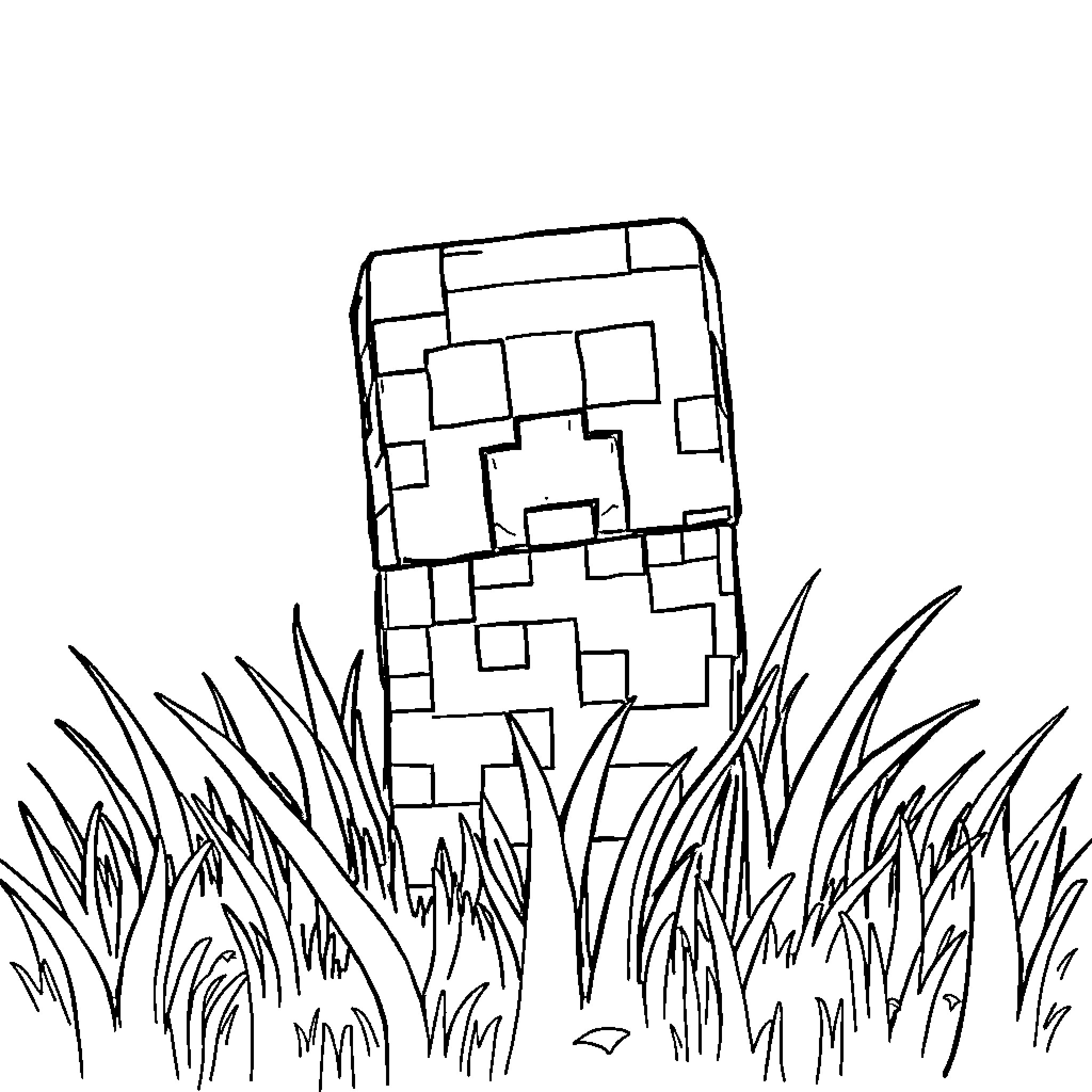 Creeper peeking out from behind tall grass Coloring Page (free black-and-white line drawing printable PDF for all, from beginners to advanced learners, including children, teens, adults, and seniors)