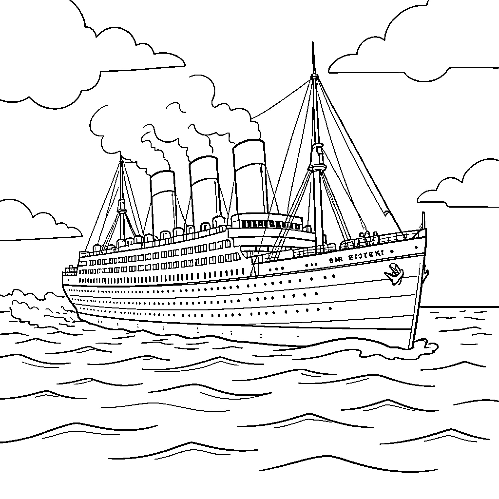 Titanic ocean liner sailing through the waves Coloring Page (free black-and-white line drawing printable PDF for all, from beginners to advanced learners, including children, teens, adults, and seniors)