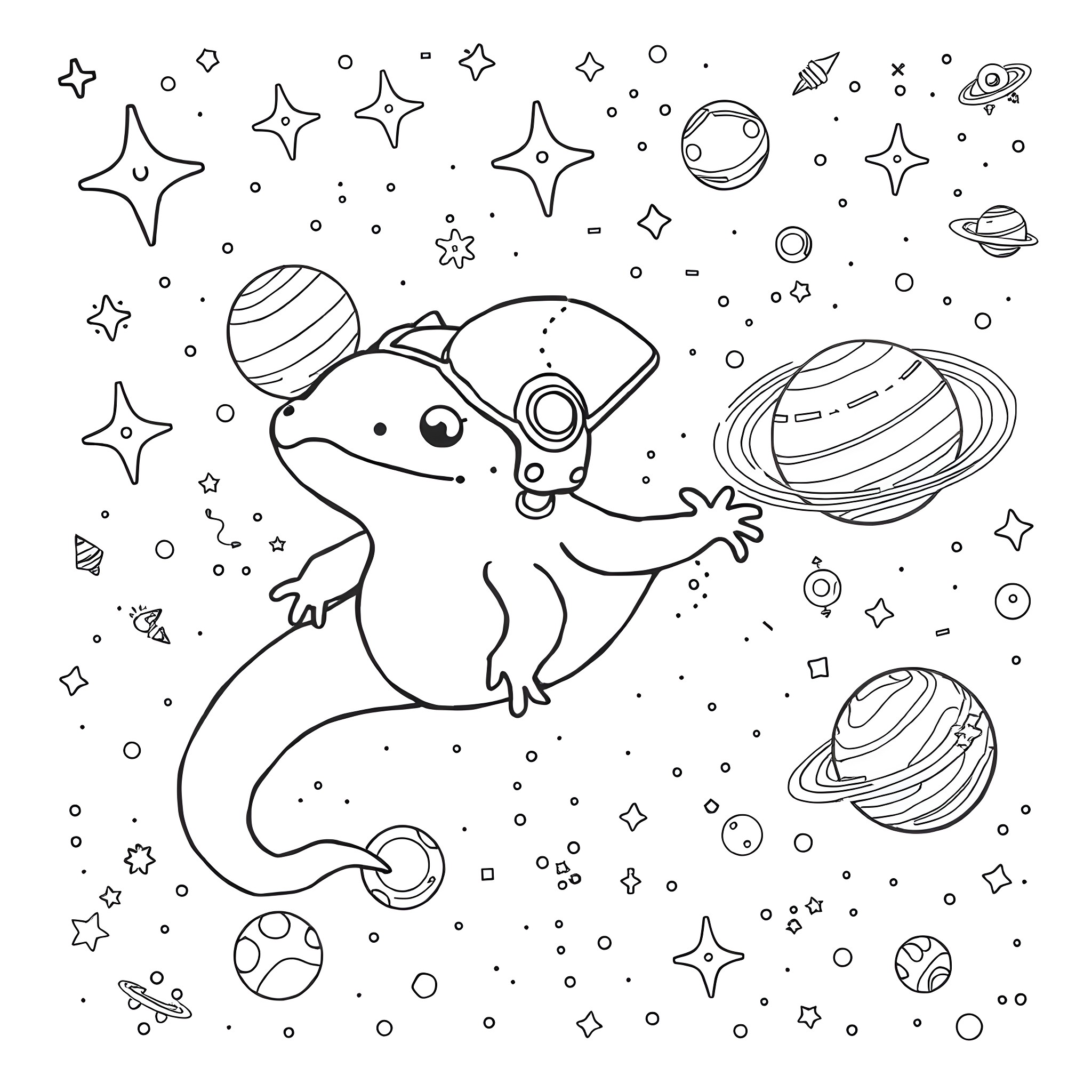 Axolotl exploring the cosmic universe Coloring Page (free black-and-white line drawing printable PDF for all, from beginners to advanced learners, including children, teens, adults, and seniors)