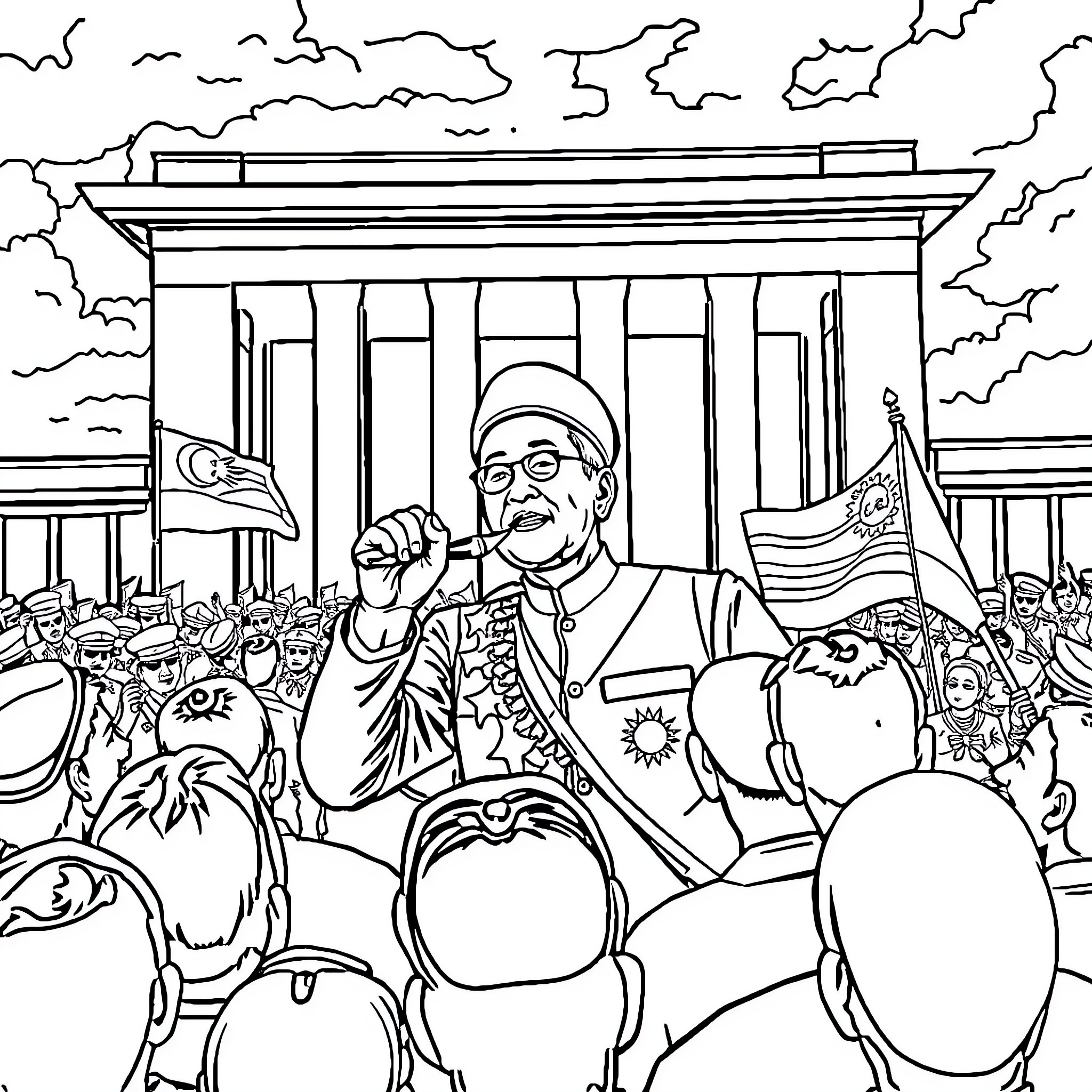 Tunku Abdul Rahman addressing enthusiastic crowd Coloring Page (free black-and-white line drawing printable PDF for all, from beginners to advanced learners, including children, teens, adults, and seniors)