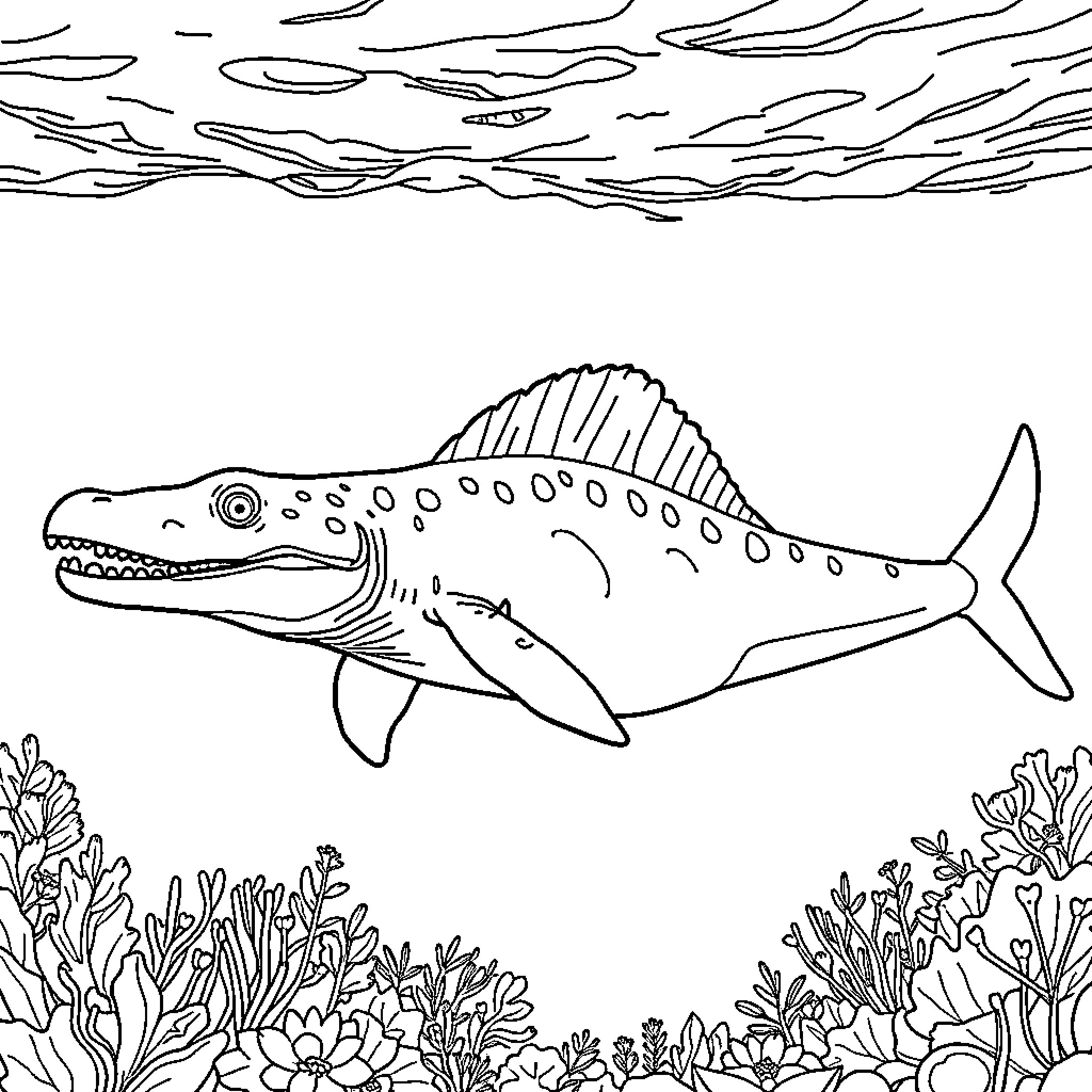 Pliosaurus swimming amongst coral reef Coloring Page (free black-and-white line drawing printable PDF for all, from beginners to advanced learners, including children, teens, adults, and seniors)
