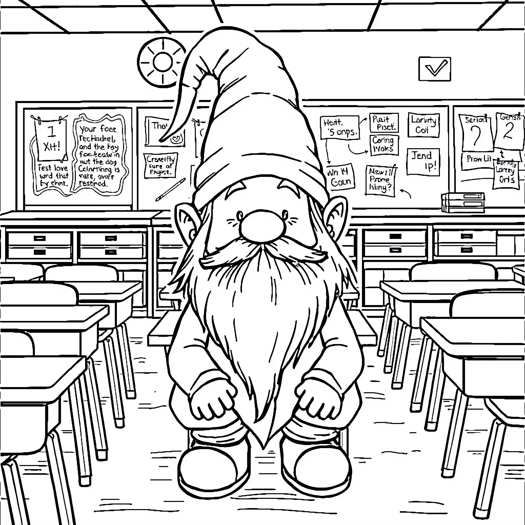 Gnome Sitting Alone in Classroom Coloring Page (free black-and-white line drawing printable PDF for all, from beginners to advanced learners, including children, teens, adults, and seniors)