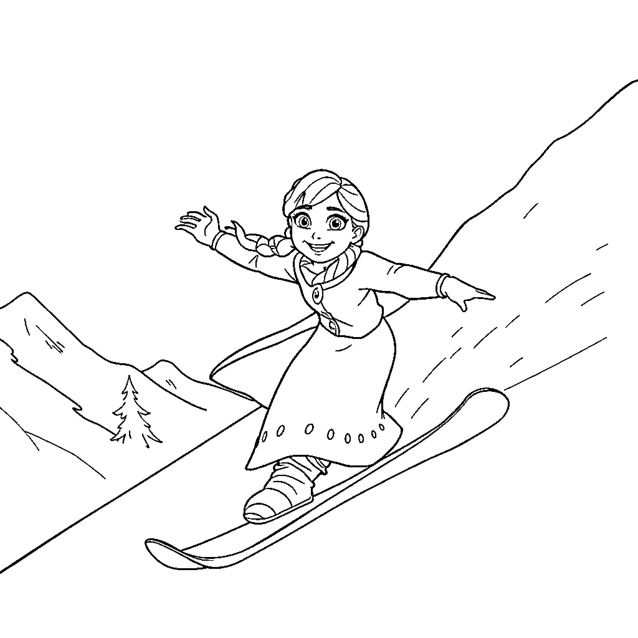 Anna's Snowboarding Adventure in the Mountains Coloring Page (free black-and-white line drawing printable PDF for all, from beginners to advanced learners, including children, teens, adults, and seniors)